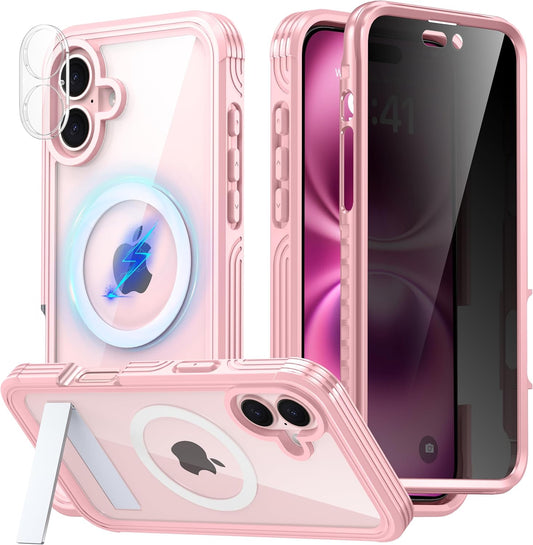360° Protection Magnetic for iPhone 16 Case Built-in 9H Privacy Screen Protector & Metal Stand[Fit for Magsafe][Anti-Spy][Lens Protector] Heavy Duty Shockproof Phone Case for iPhone 16(Pink)