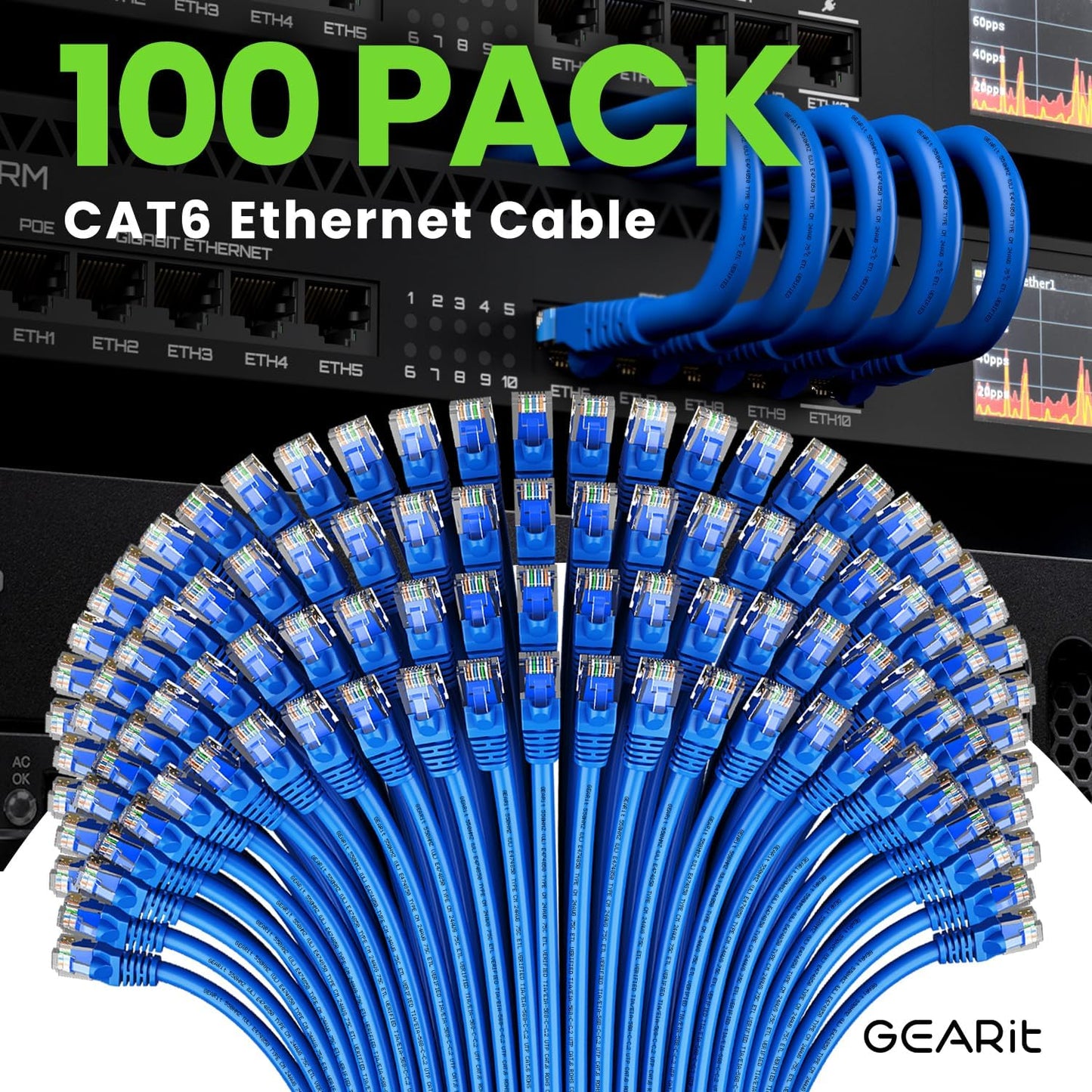 GEARit Cat 6 Ethernet Cable (100-Pack 0.5 Feet) Cat6 Network Patch, 10Gbps, RJ45, Snagless Cord, Gold-Plated Connectors, Internet for PC, TV, Tablet, Router, Printer, Servers, IT Data Center - Blue