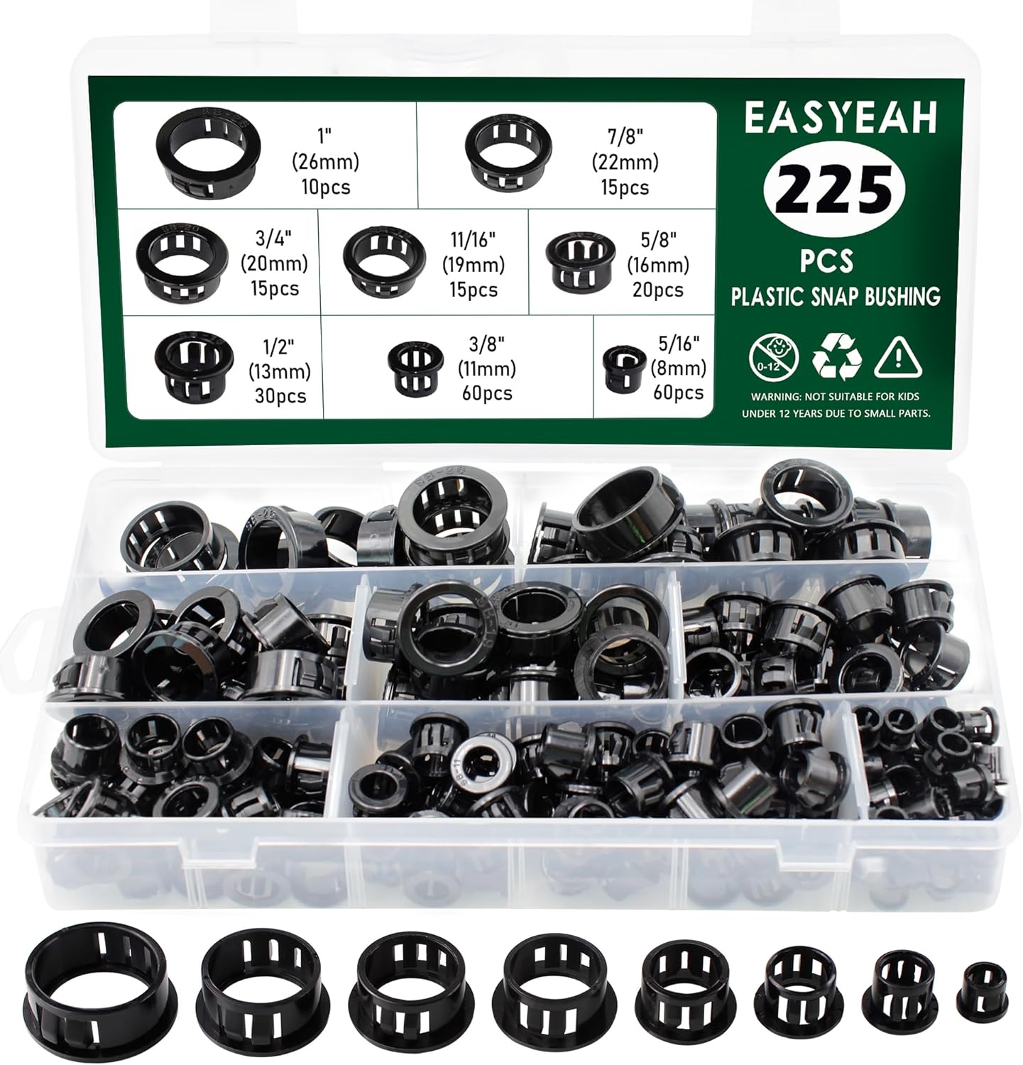 225 Pcs 8 Sizes Cable Snap-in Knockout Insulating Bushing Grommets Assortment Kit, 5/16, 3/8, 1/2, 5/8, 11/16, 3/4, 7/8, 1 Black Nylon Plastic Hole Grommets for Wiring, Cord Hose & Tubing