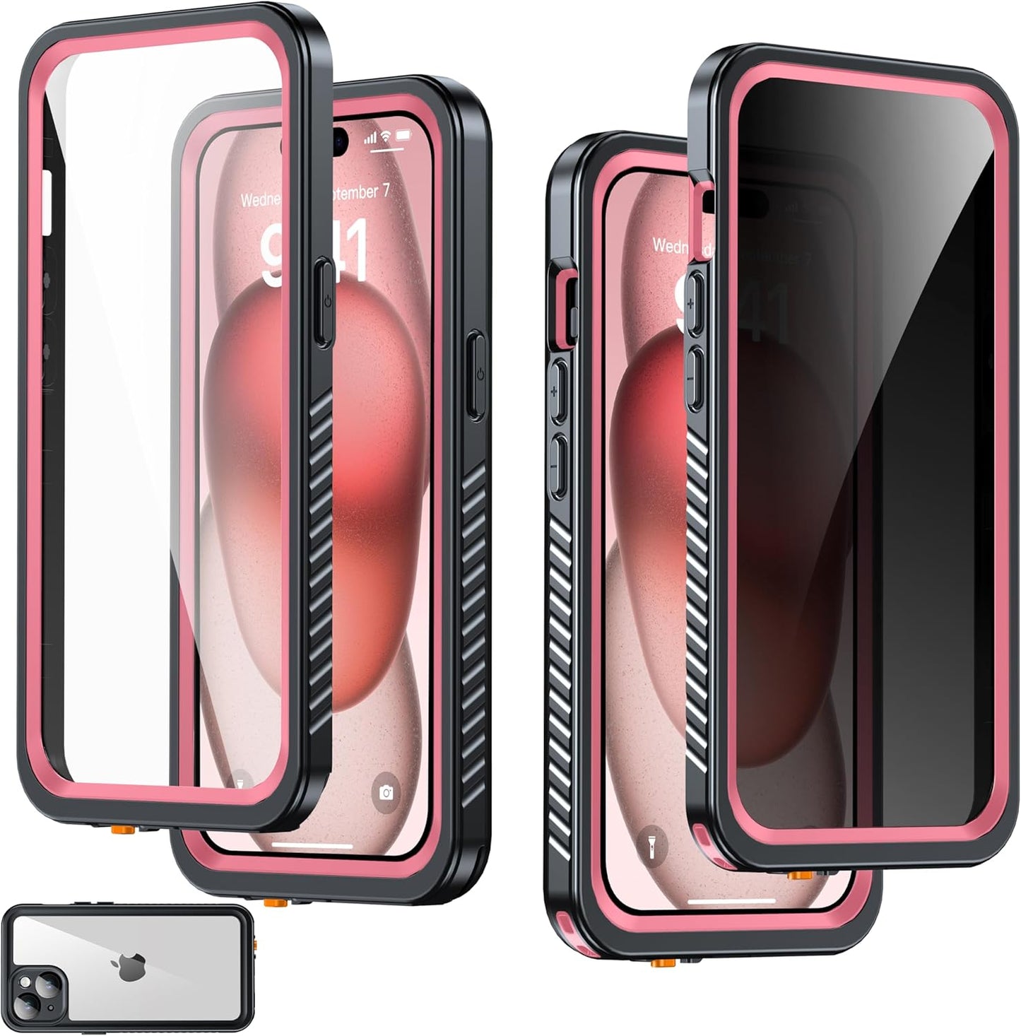 for iPhone 15 Case Waterproof - Built-in Privacy Screen Protector & HD Screen Protector [IP68 Underwater] Shockproof Dustproof Full Body Protection iPhone 15 Phone Case Pink