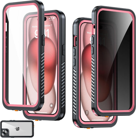 for iPhone 15 Case Waterproof - Built-in Privacy Screen Protector & HD Screen Protector [IP68 Underwater] Shockproof Dustproof Full Body Protection iPhone 15 Phone Case Pink