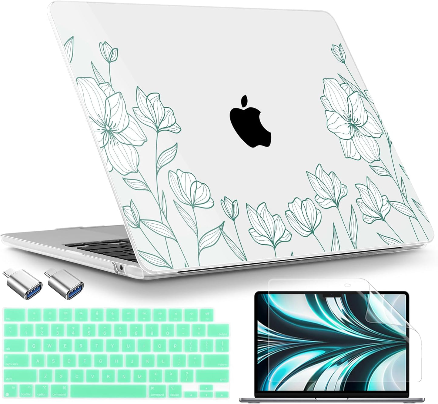TWOLSKOO Compatible with M4 MacBook Air 13.6 inch Case 2025-2022 Release M4 A3240 M3 A3113 M2 A2681, Plastic Hard Shell & Keyboard Cover & Type C Adapter & Screen Protector, Botanical Line Art