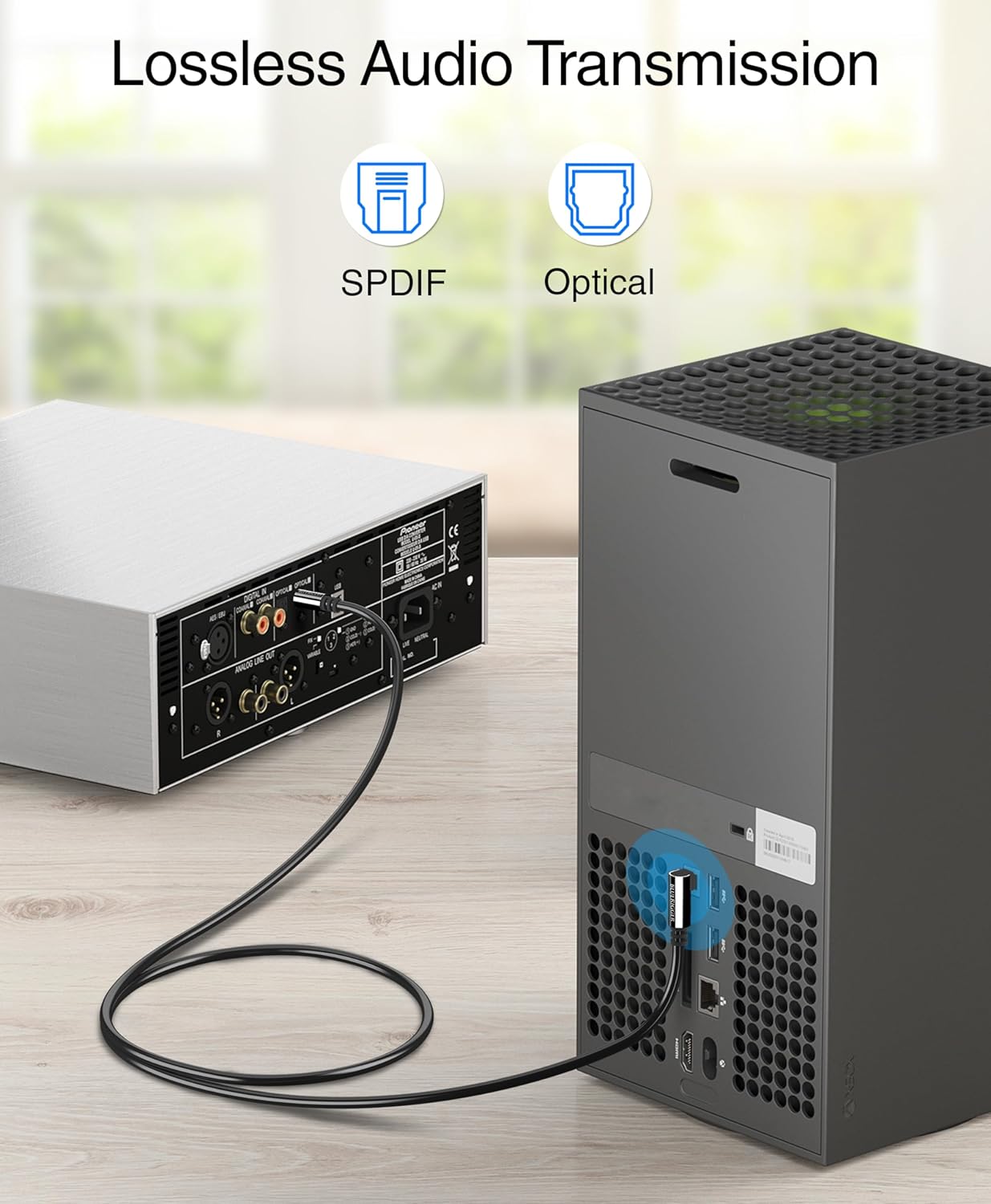 BlueRigger Optical Audio Toslink Cable - 25FT (90 Degrees Optical Cable for Soundbar, 360 Degree Rotatable Right Angle, S/PDIF Digital Toslink) - Fiber Optic Compatible with HDTV, Game Console, DVR