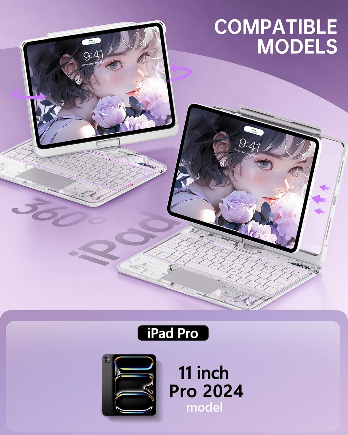 Intermerge Clear Keyboard Case for iPad Pro 11" (M4) 2024 Only, 360° Swivel Multi-Touch Trackpad, 7-Color RGB Backlit, Pencil Holder, Type-C, Power Indicator, Frost Pulse