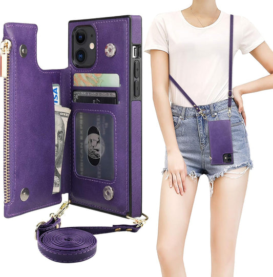Bocasal Crossbody Wallet Case for iPhone 11 with Card Holder,Zipper Card Slot Protector Shockproof Purse Cover with Removable Cross Body Strap 6.1 Inch(Purple)