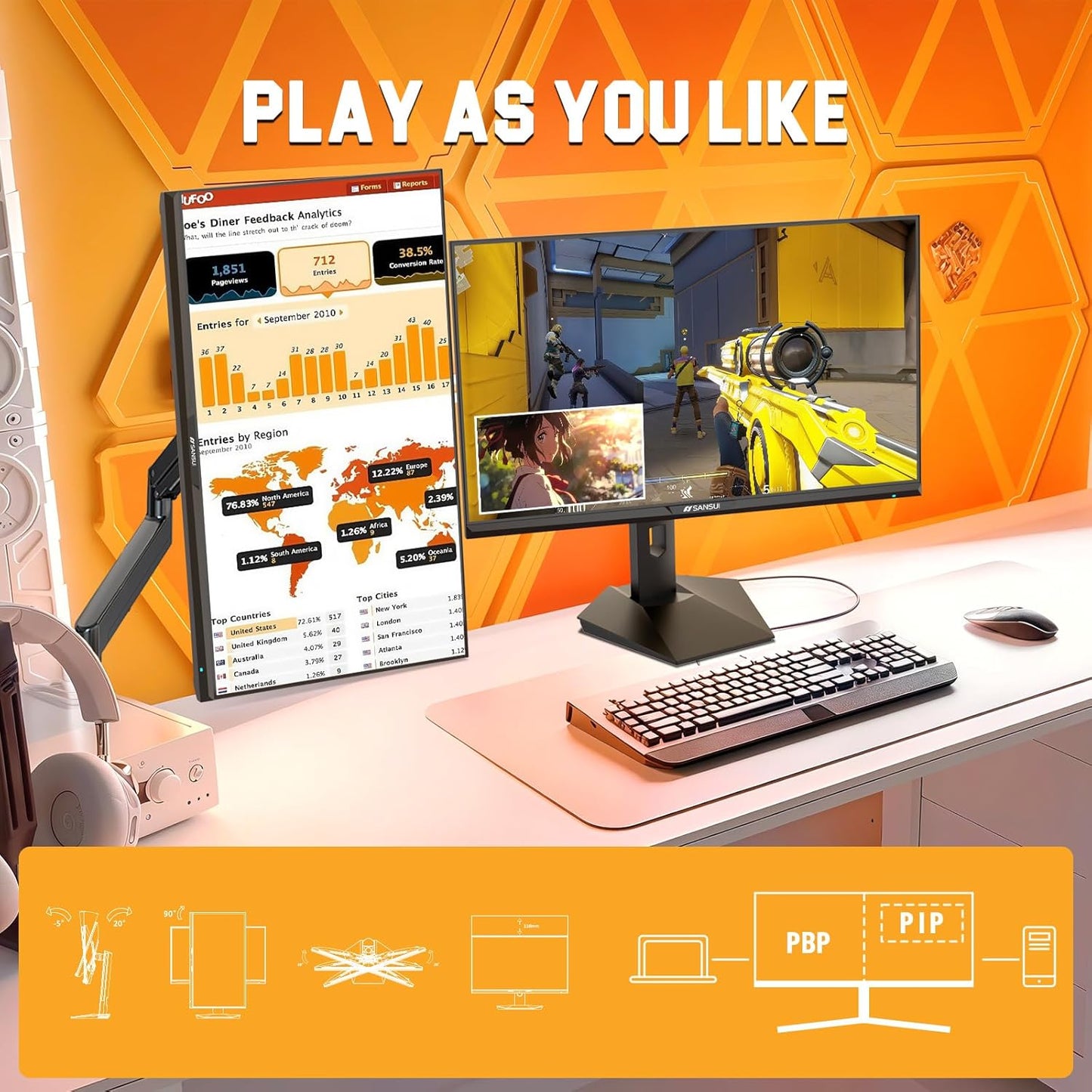 SANSUI 27 inch WQHD 2560x1440 300Hz 240Hz Gaming Monitor, FastIPS 1ms Computer Monitor, FreeSync Premium|Brightness 400Nits| 130% sRGB | 10Bits | HDR | ErgoStand | VESA Mount |2×DP 1.4 & 2×HDMI 2.1