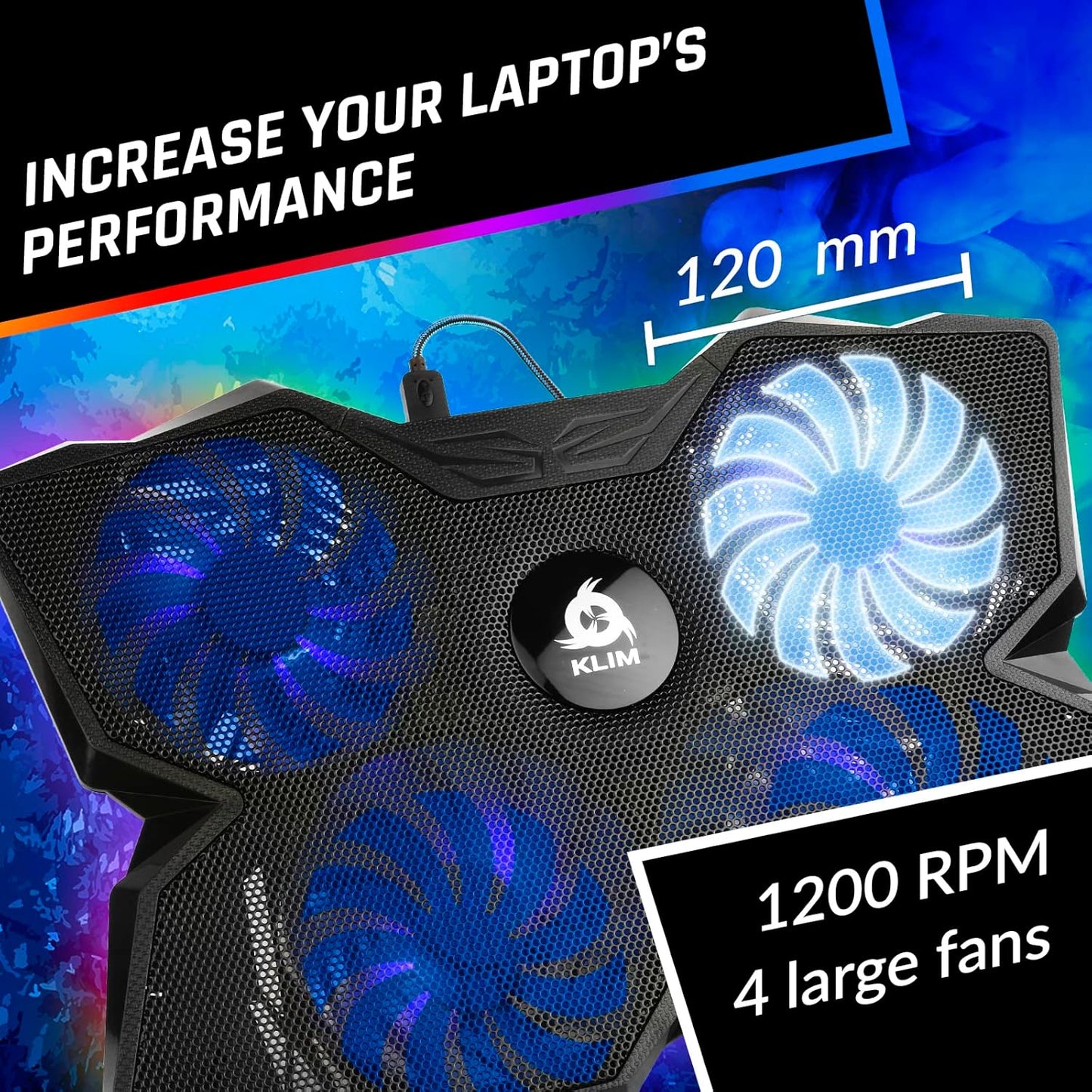 KLIM Wind Laptop Cooling Pad - More Than 500 000 Units Sold - New Version - The Most Powerful Rapid Action Cooling Fan - Laptop Stand with 4 Cooling Fans at 1200 RPM - USB Fan - PS5 PS4 - RGB