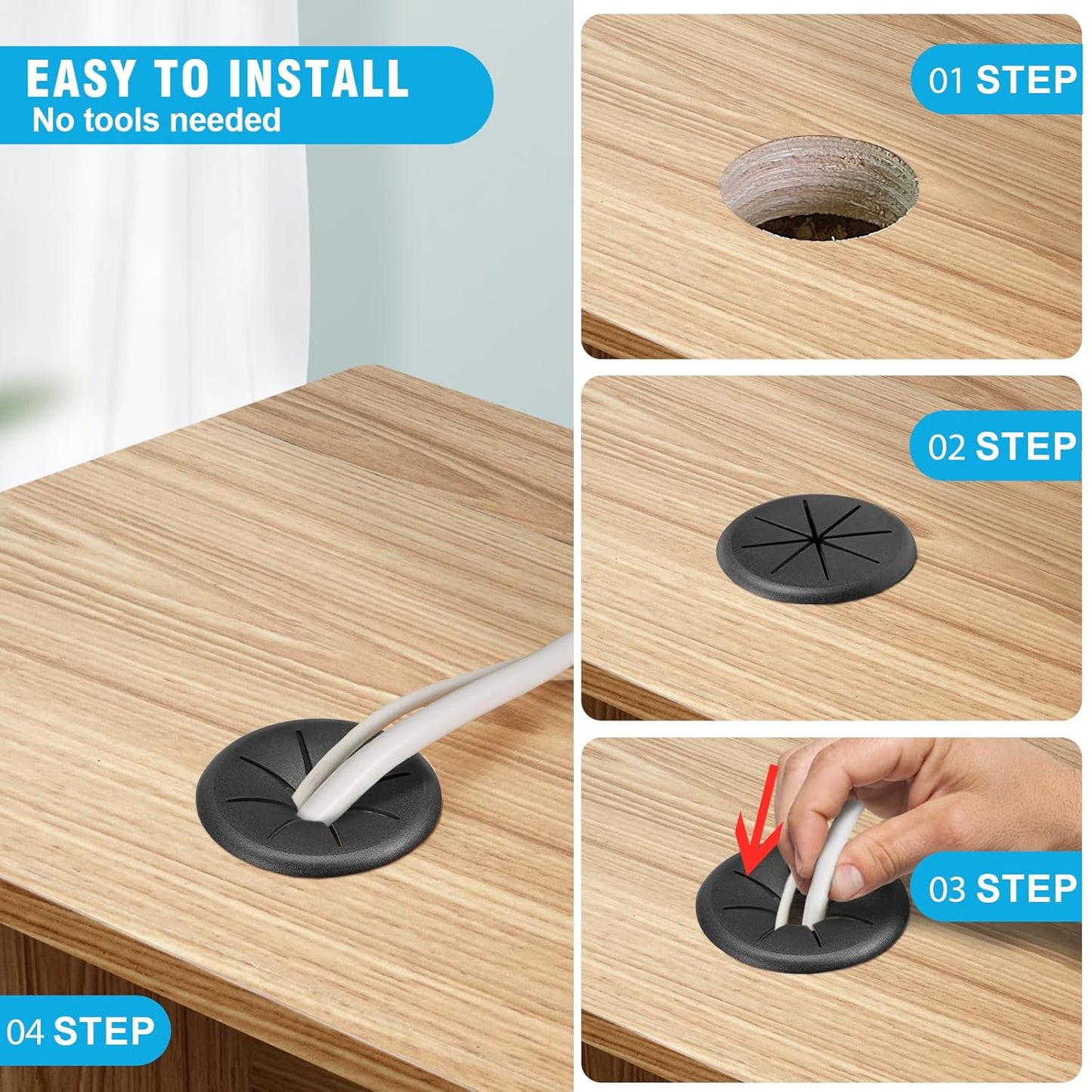 2-3/8" Black Desk Grommet, JTemgle Flexible Cable Grommet Rubber Cable Hole Cover Wire Organizer Caps Desktop Cord Management for Home Office TV Stands Tabletops, 5 Pieces