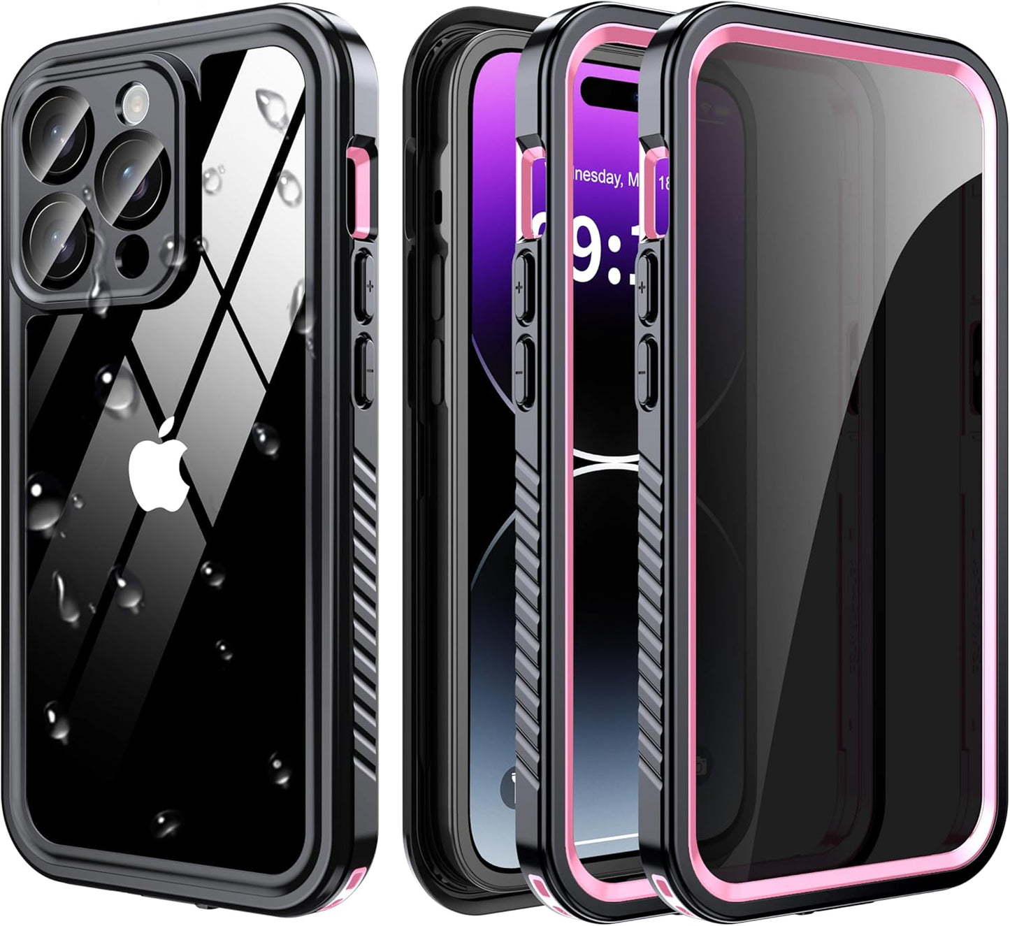 for iPhone 14 Pro Case Waterproof - Built-in Privacy Screen Protector & HD Screen Protector [IP68 Underwater] Shockproof Dustproof Full Body Protection iPhone 14 Pro Phone Case Pink