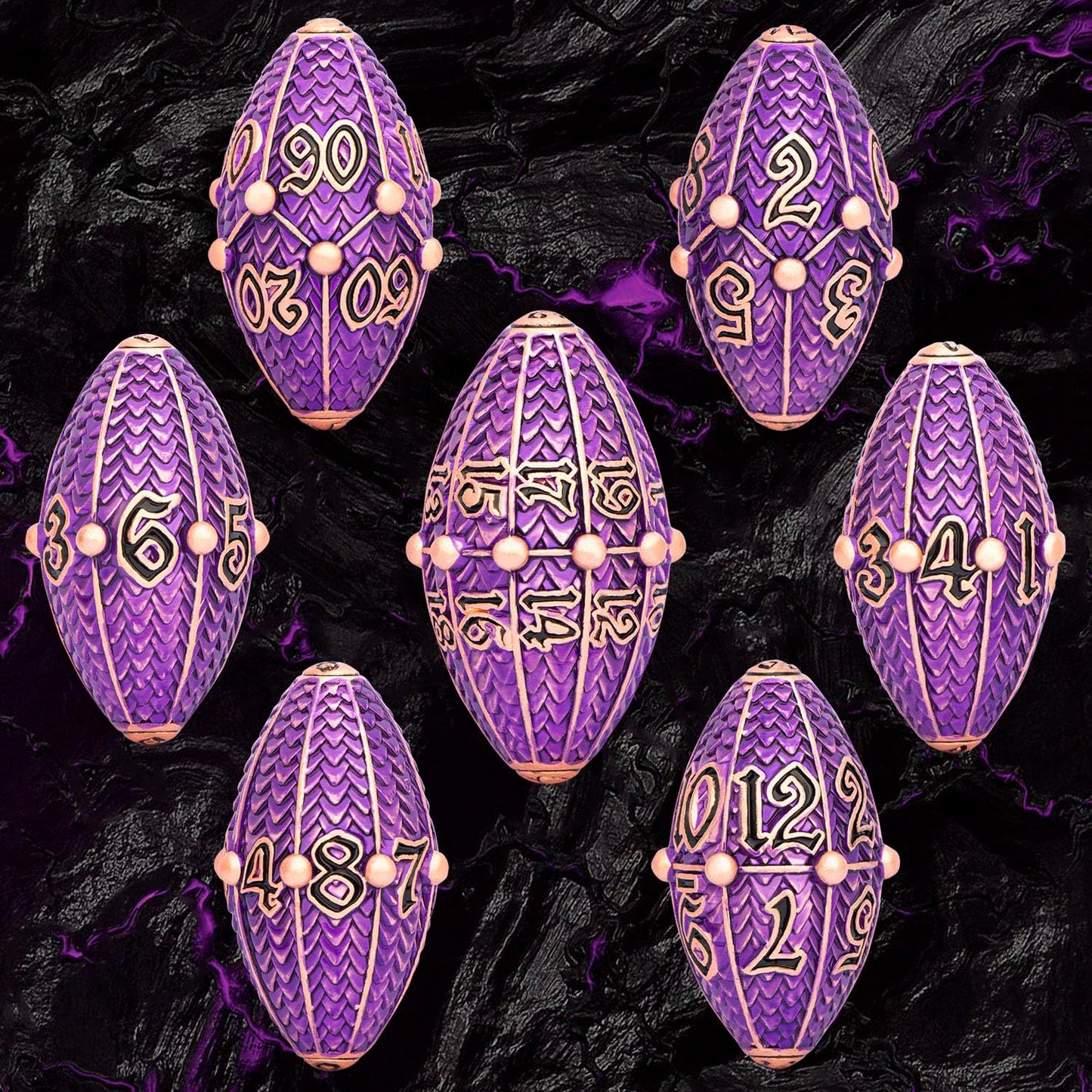 ARUOHHA DND Metal Dice Copper Purple Dragon Egg Dice with Rotating Dragon Egg Shell, Role Playing Game RPG Polyhedral D and D Dice Set D20 D12 D10 D8 D6 D4