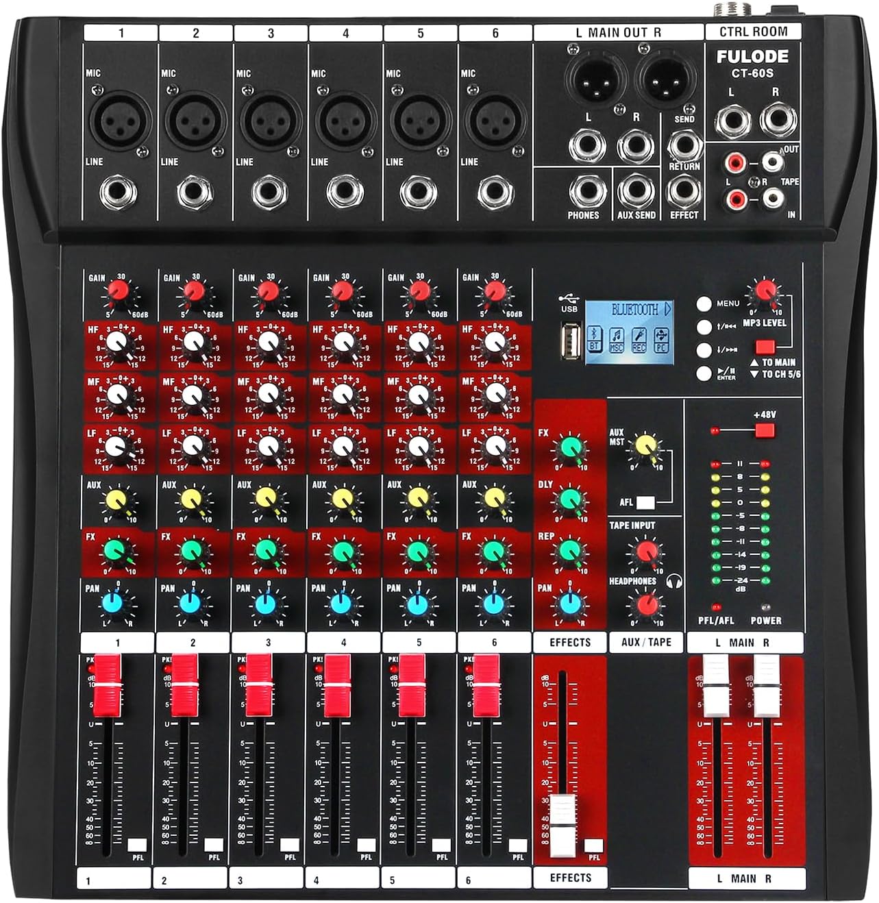6 Channel Audio Mixer, Professional Music Mixer Board DJ Mixing Console with Bluetooth, USB/MP3 Player, Reverb, and 48V Phantom Power for Studio Recording, Karaoke, and Live Performances