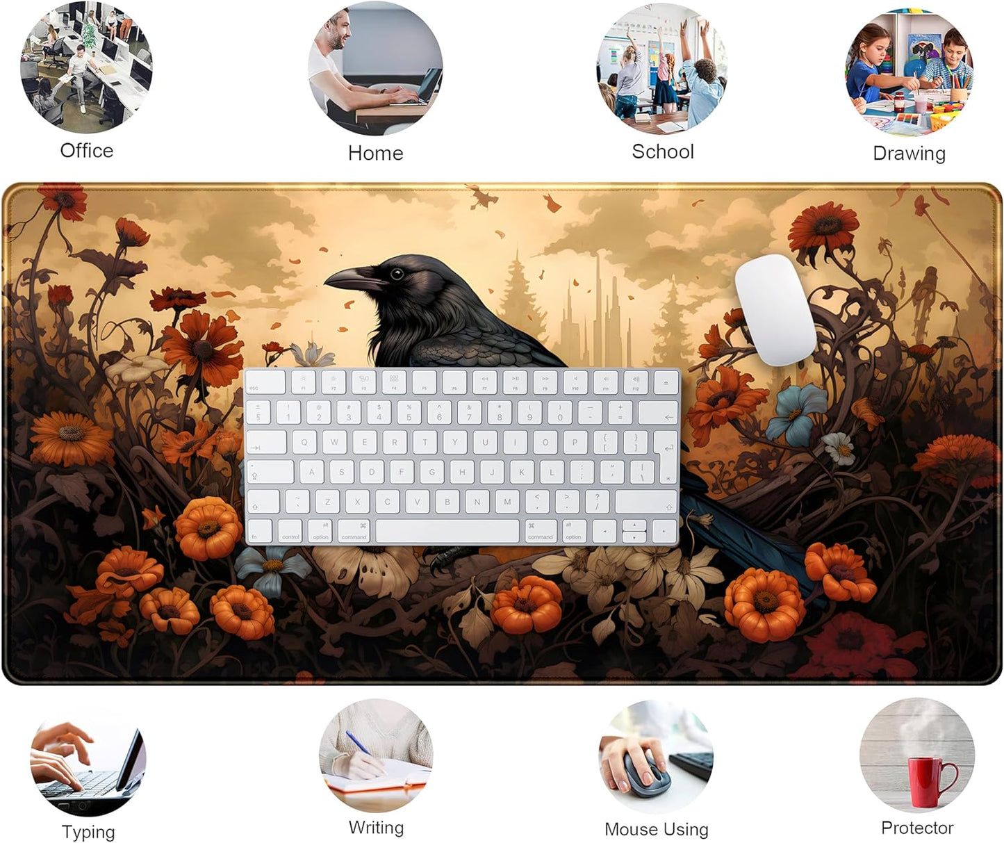 Anime Crow Kawaii Desk Mat Cute Retro Floral Mouse Pad Gaming Desk Pad XXL Large Desk Matt for Desktop Computer Mousepad, Laptop Keyboard Mouse Mat Office Decor Accessories for Women, 31.5x15.75 in