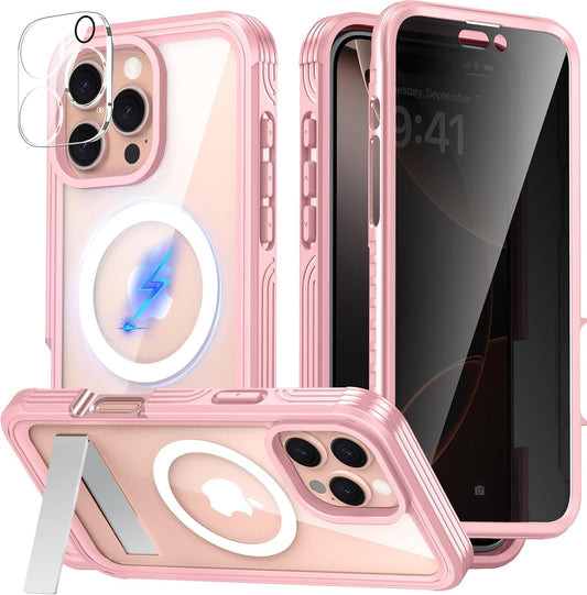 360° Protection Magnetic for iPhone 16 Pro Case Built-in 9H Privacy Screen Protector & Metal Stand[Fit for Magsafe][Anti-Spy][Lens Protector] Heavy Duty Shockproof Phone Case for iPhone 16 Pro