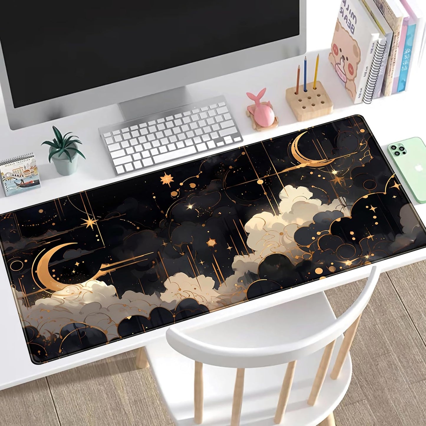 Black and Gold Celestial Desk Mat XXL Extended Gaming Mouse Pad Large Mousepad with Stitched Edges, Laptop Computer Keyboard Mouse Mat Desk Pad for Work Game Office Home Desk Decor 31.5x15.75 in