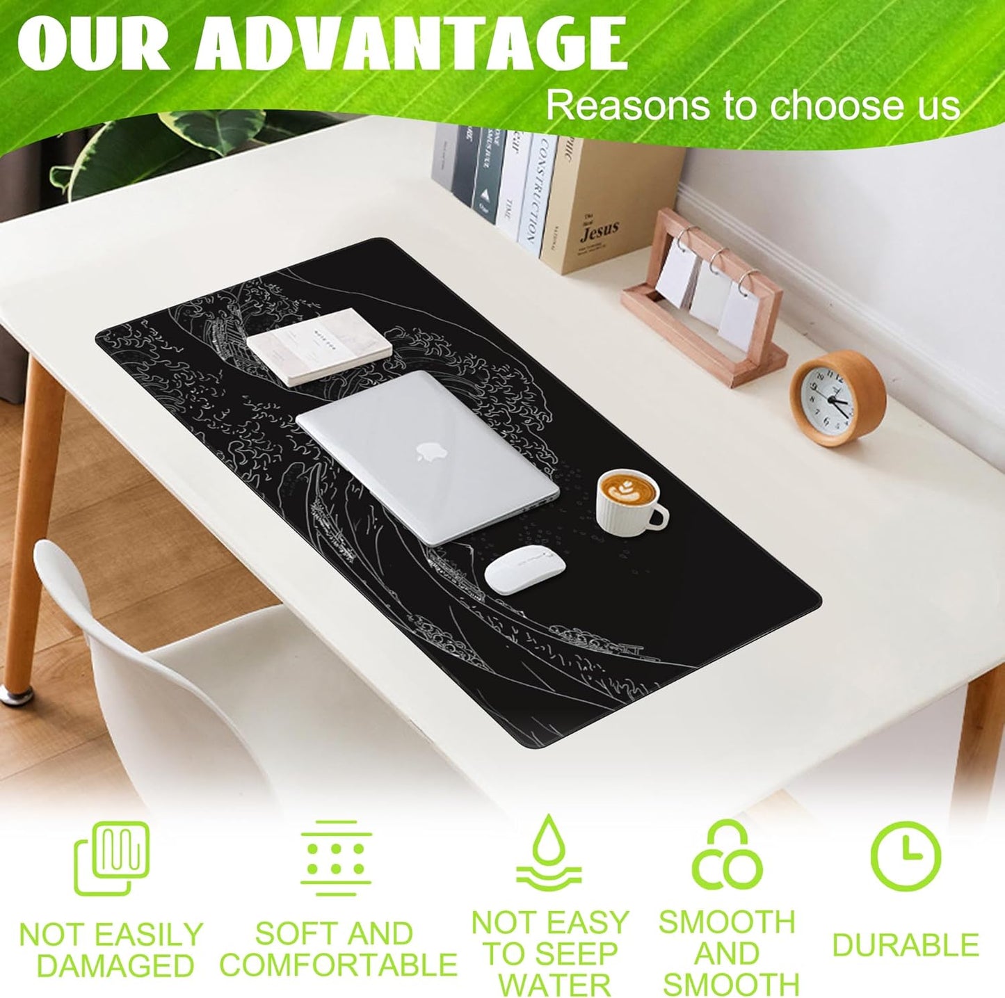 Desk Mat, Black Japanese Sea Wave Desk Pad, Extended Big Computer Keyboard Mouse Pad with Non-Slip Base and Stitched Edge, 35.4"x15.7"