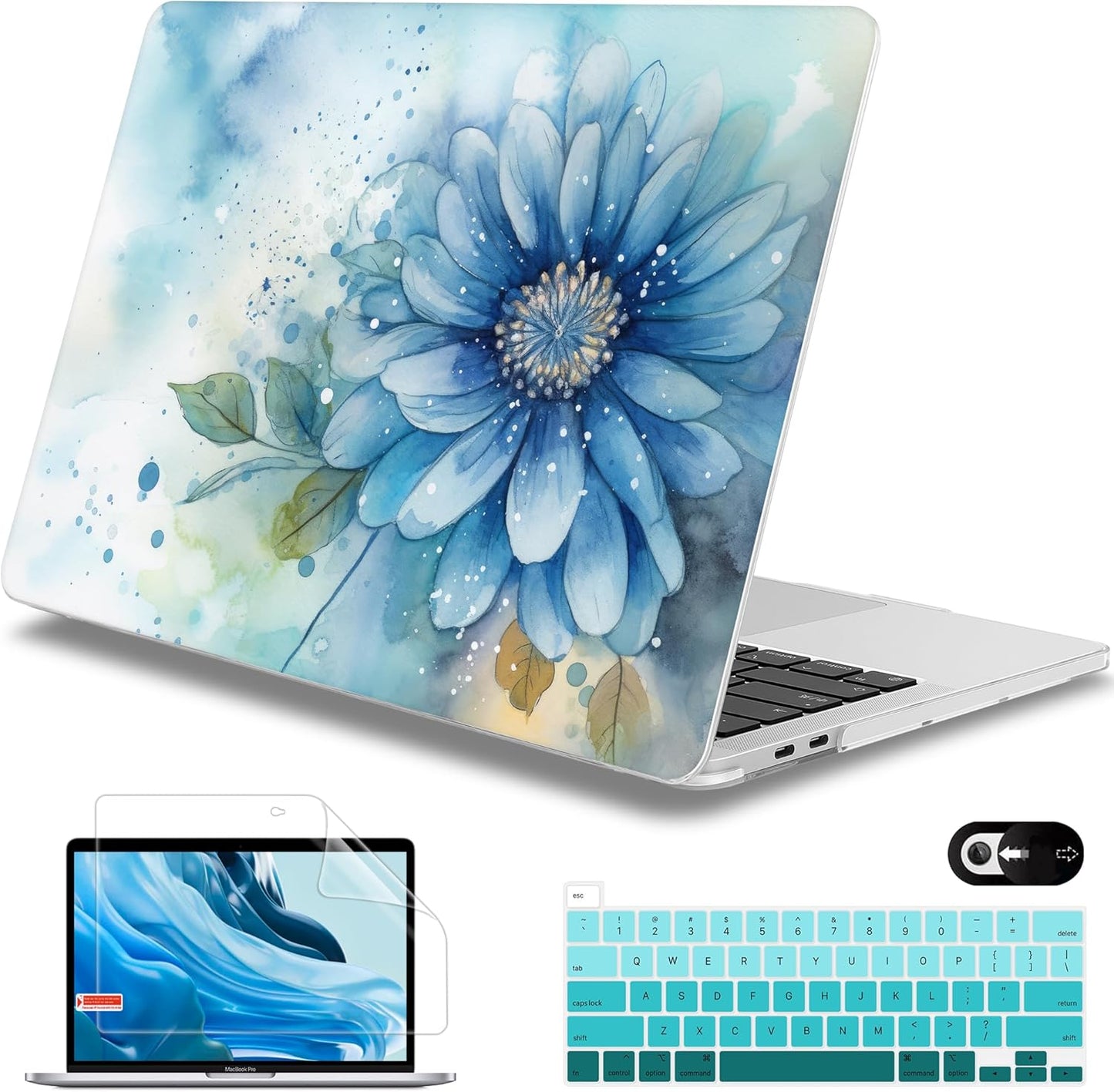 Mektron for MacBook Pro 13-inch Case 2022 2021 2020 Release A2338 M2 M1 A2289 A2251, Printed Plastic Hard Shell Cover for MacBook Pro 13.3-inch Touch Bar Fits Touch ID, Watercolor Blue Flower
