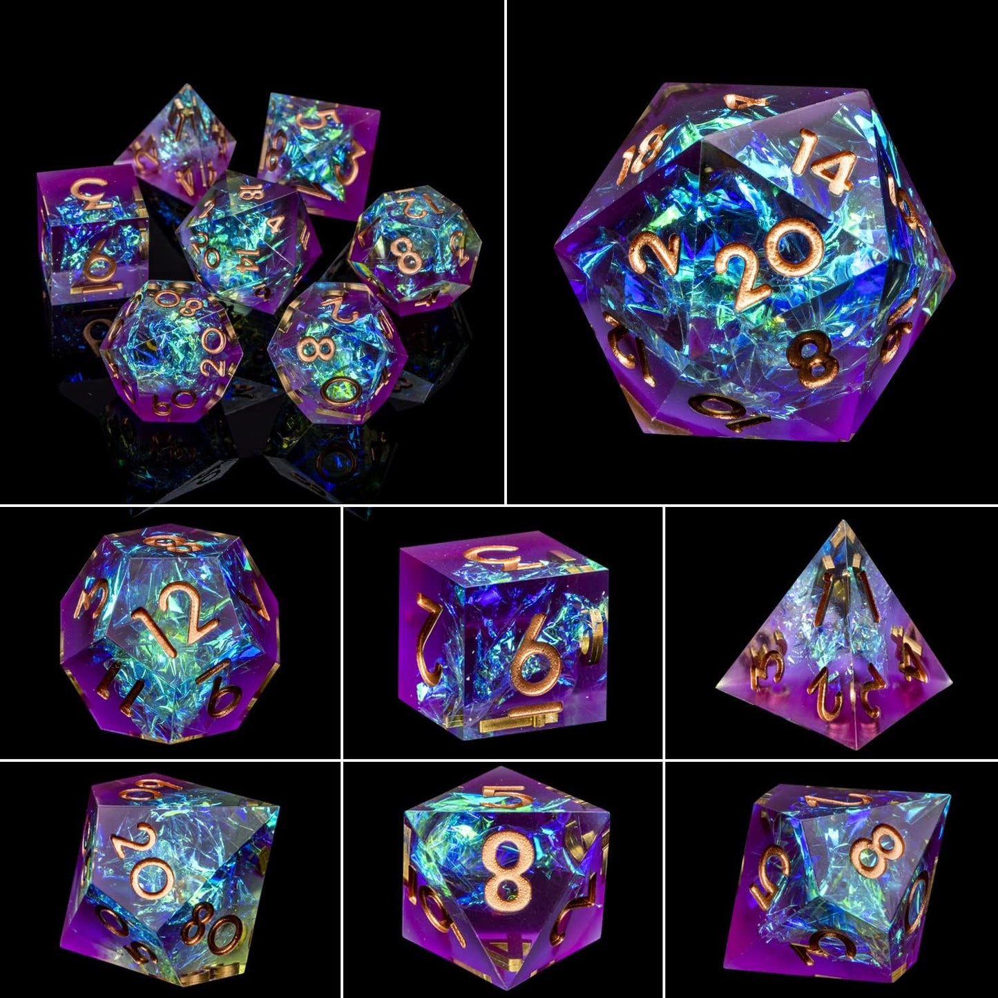 ARUOHHA DND Resin Dice Set 7Pcs Handmade Glitter Inclusions Sharp Edge Dice with Box, Lightning Polyhedral RPG Translucent D and D Dice D20 D12 D10 D8 D6 D4