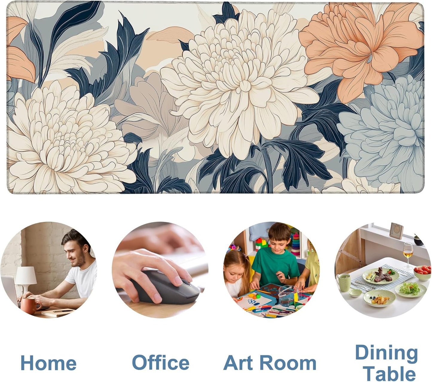 Beautiful Chrysanthemum Gaming Mouse Pad 3mm Thick Stitched Edge Waterproof Non-slip Large Computer Keyboard Mouse Mat,Suitable for Office Entertainment Decorative Desk Pad 35.4 x 15.7 Inches