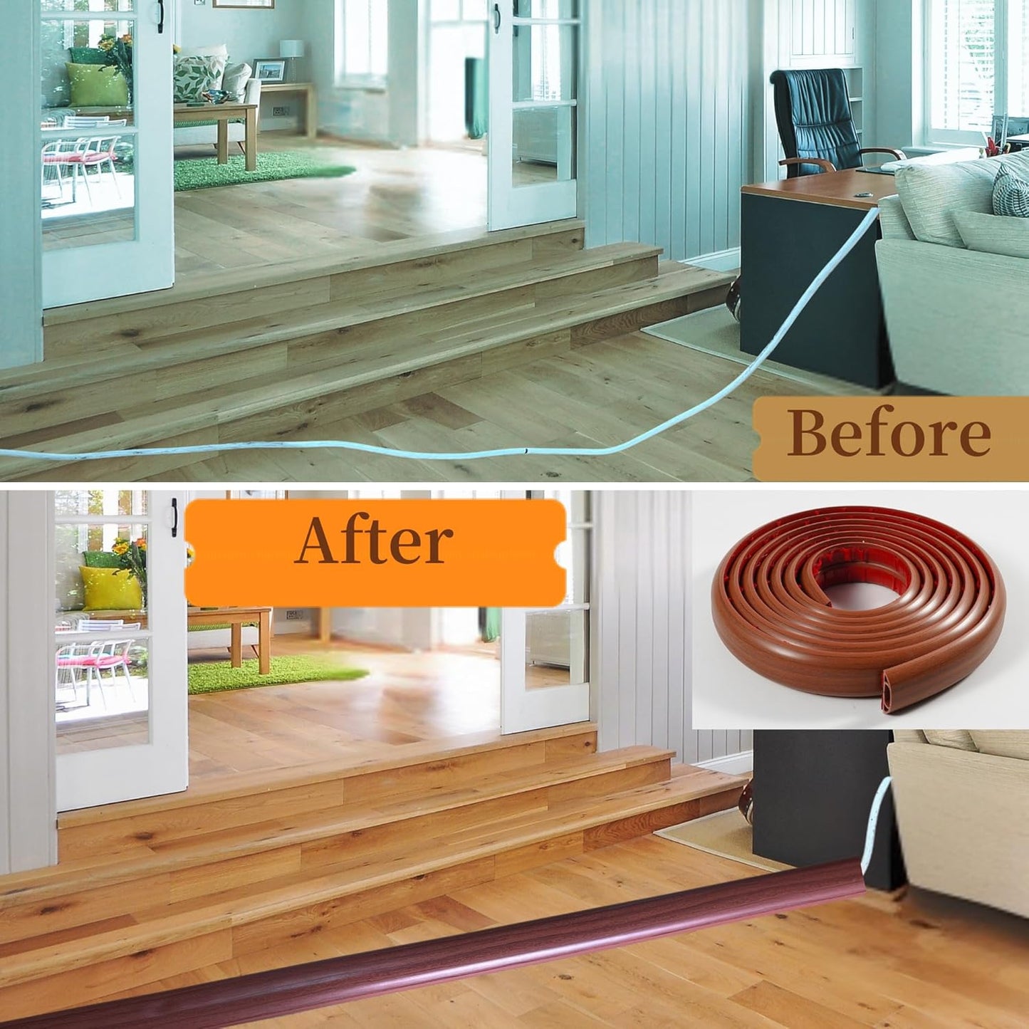 10ft Self Adhesive Floor Cord Cover, Cord Hider Floor, Cable Cavity:0.61"(W) x 0.32"(H),Heavy Duty Cable Protector, Hide Extension Cords, Cable Management Hide Wires on Floor,Walnut Wood