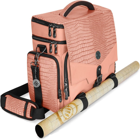 ENHANCE Collector's Edition RPG Adventurer's DnD Bag - Dragon Hide Exterior Travel RPG Bag with Tabletop Miniatures Storage Vault, Mat Holder, DnD Dice & Token Pockets, Fits 4-8 Books (Dragon Pink)