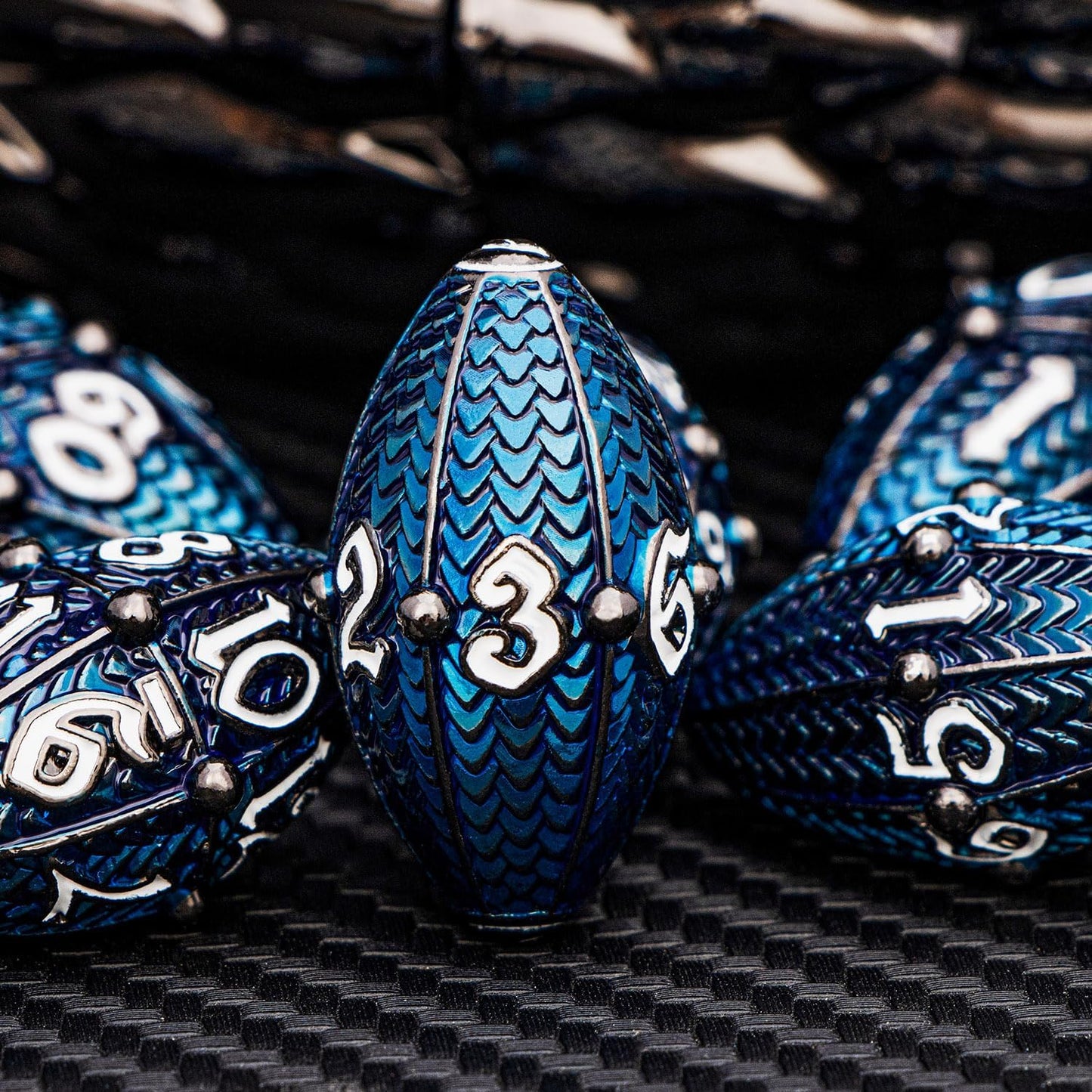 ARUOHHA DND Metal Dice Black Blue Dragon Egg Dice with Metal Box, Role Playing Game Polyhedral D and D Dice Set D20 D12 D10 D8 D6 D4