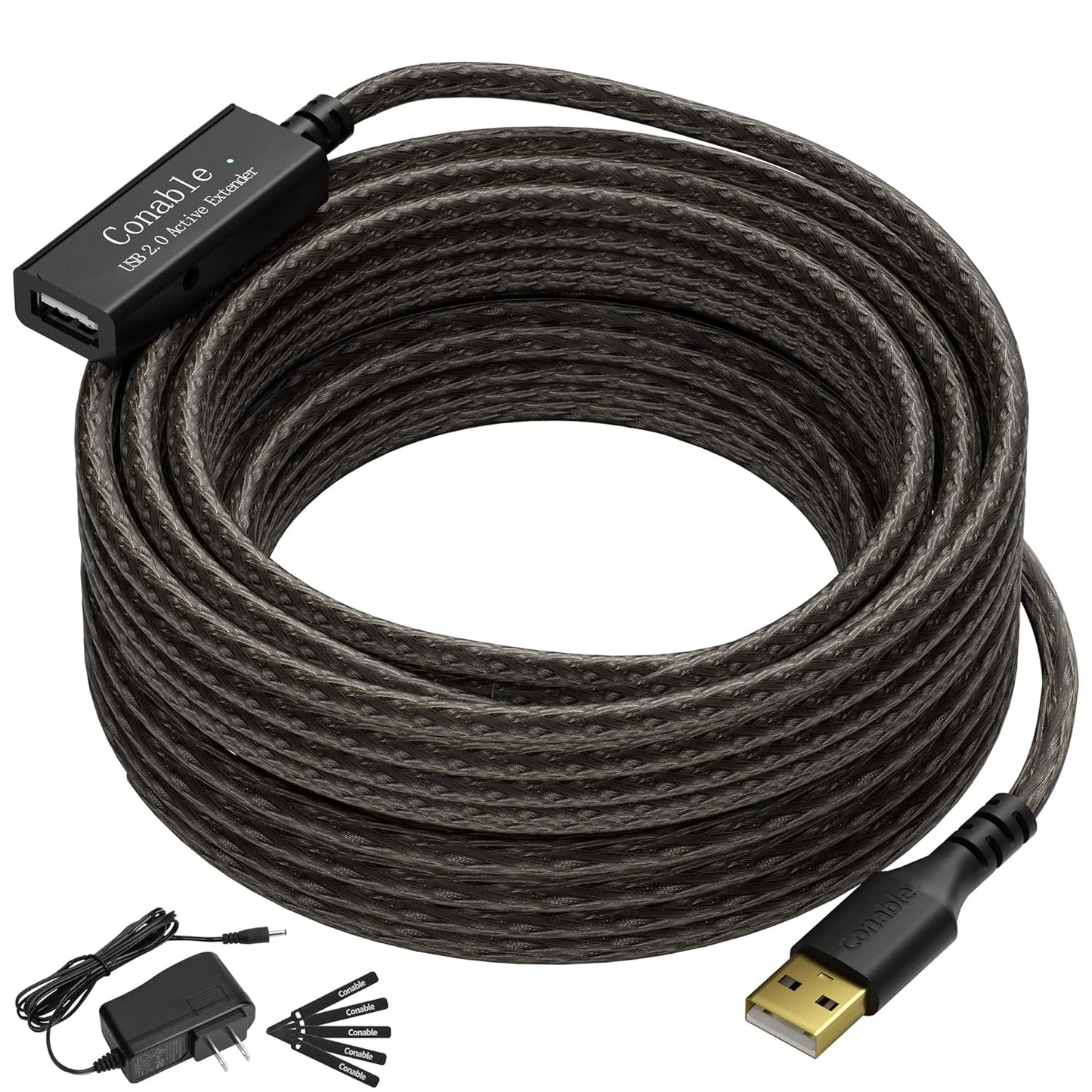 Active USB Extension Cable 50 Feet, USB 2.0 A Male to Female Cord (from 2ft to 150ft for Selection), with an Extension Chipset Signal Booster, 22AWG Tinned Pure Copper, (AC Power Supply Included)