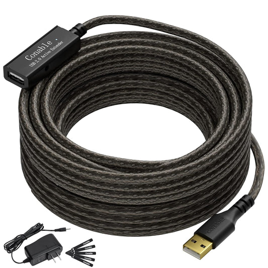 Active USB Extension Cable 50 Feet, USB 2.0 A Male to Female Cord (from 2ft to 150ft for Selection), with an Extension Chipset Signal Booster, 22AWG Tinned Pure Copper, (AC Power Supply Included)