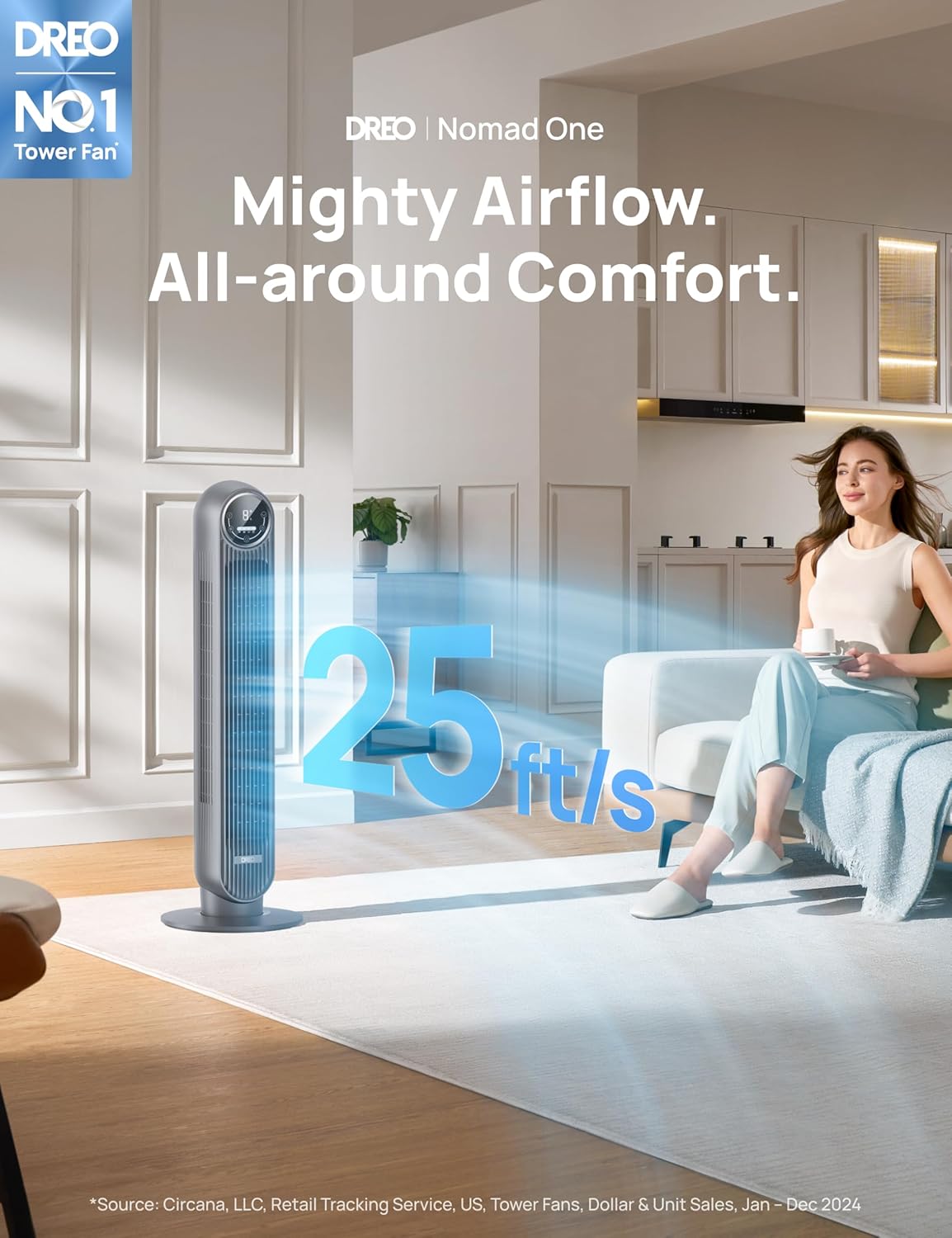 Dreo Tower Fan for Bedroom, 25ft/s Velocity Quiet Floor Fan, 90° Oscillating Fans for Indoors with 4 Speeds, 4 Modes, 8H Timer, Bladeless Fan, Standing Fans, Grey, Nomad One (DR-HTF007)