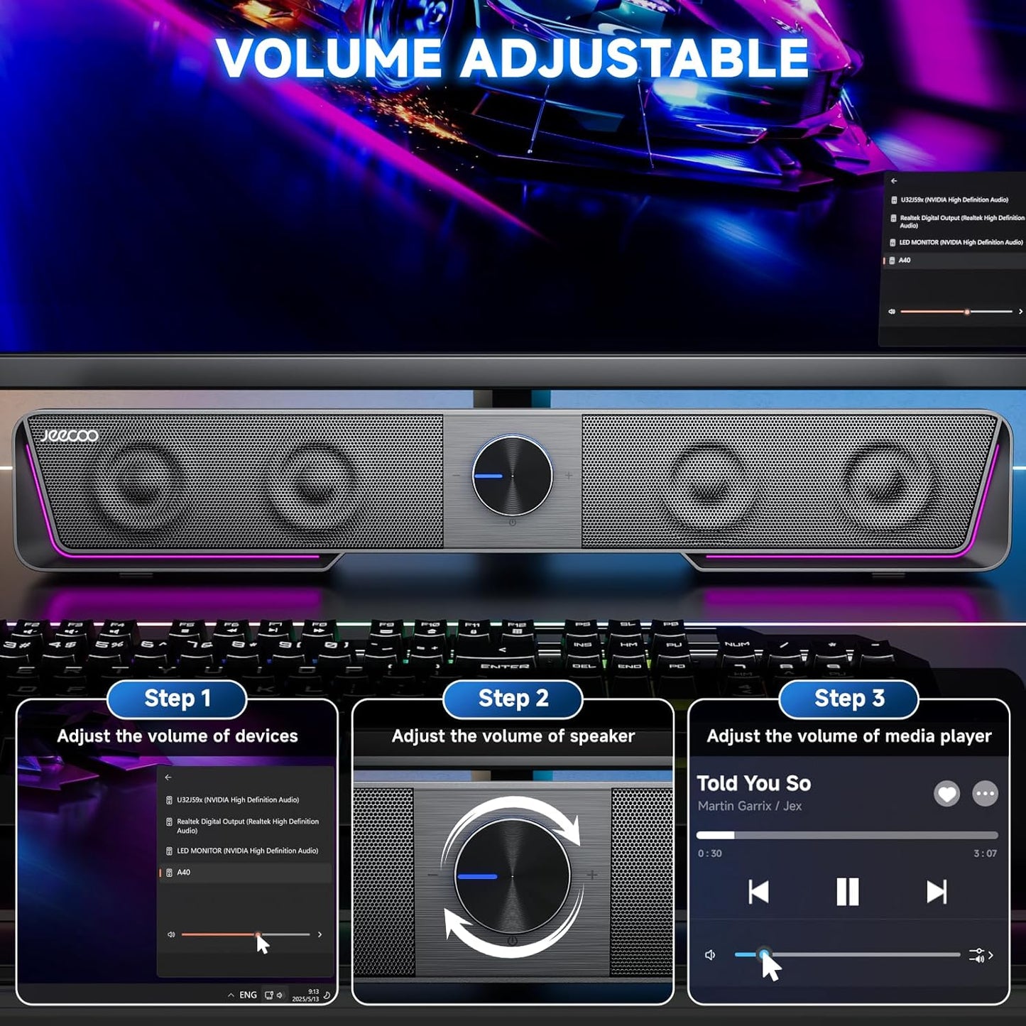 Jeecoo A40 Bluetooth Computer Speakers with Clear Sound, USB Plug & Play PC Speakers with LED Light, Computer Sound Bar with Switch Button for Desktop Laptop Monitor (USB-C Adapter Included)