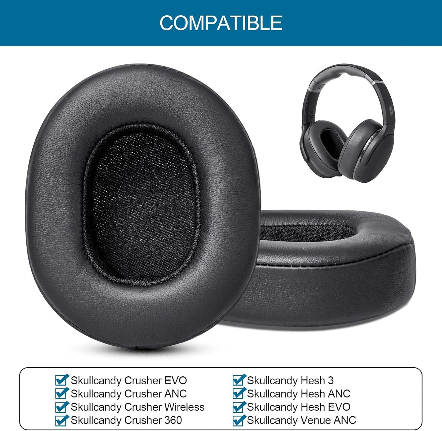 GEVO Ear Pads Replacement for Skullcandy Hesh 3 Hesh EVO Hesh ANC Headphone, Earpads Cushions for Crusher Wireless Crusher Evo Crusher ANC Headset with Protein Leather Memory Foam (Protein Leather)