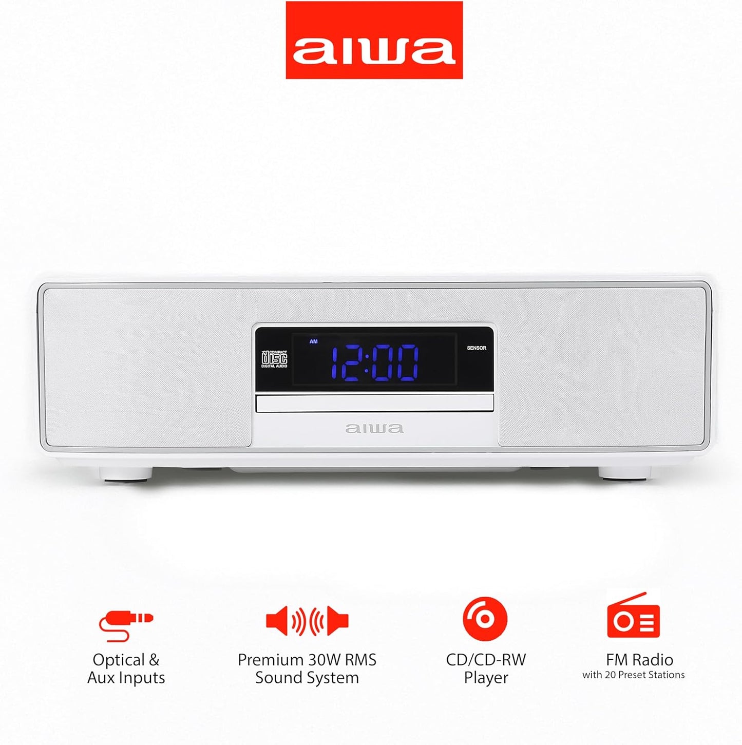 AIWA - Exos Home Speaker, Premium 30W RMS Sound System with CD Player, Bluetooth Connectivity, FM Radio, Optical Digital Input, Dual 1” Tweeters + Dual 2” Bass Units, IR Remote Control