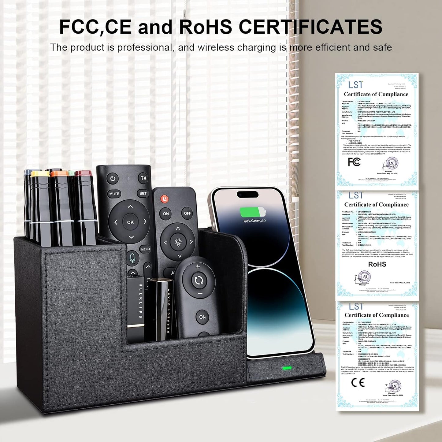 Wireless Charger with Desk Organizer, Wireless Charging Station for iPhone 13/13 Pro Max/13 Pro/12 Series/11/XS Max/XR/X/8Plus/SE 2, Wireless Charging Stand with Leather… (Black L)