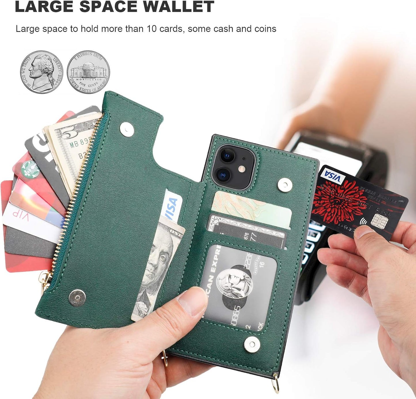 Bocasal Crossbody Wallet Case for iPhone 11 with Card Holder,Zipper Card Slot Protector Shockproof Purse Cover with Removable Cross Body Strap 6.1 Inch(Green)