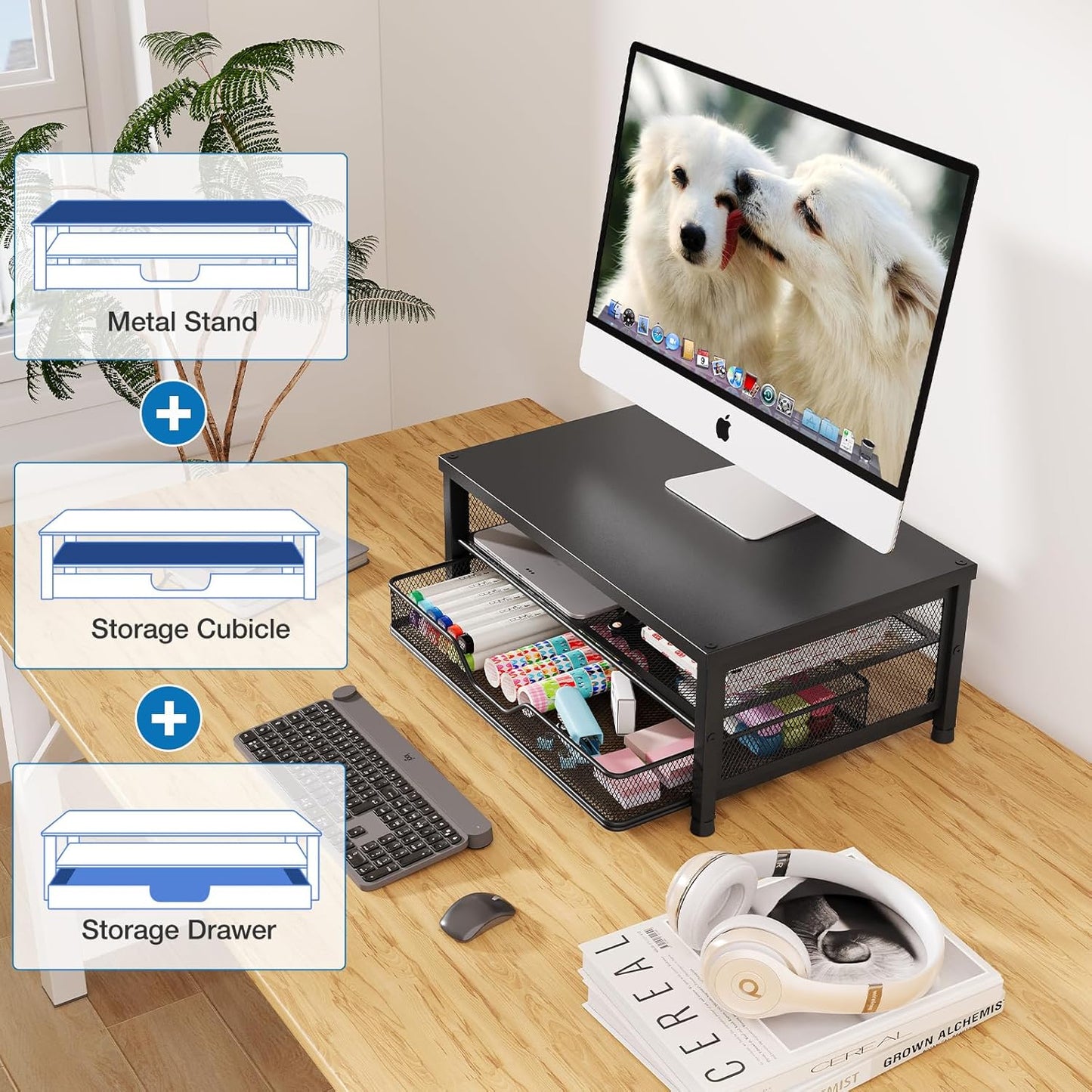 Desk Organizers and Accessories, 2-Tier Computer Monitor Stand Riser with Drawer, Laptop Stand, Office Desk Accessories, Workspace Desktop Organizer for Office Supplies, Black