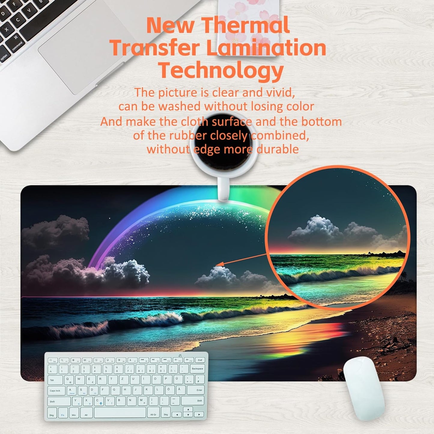 Desk Mat, Rainbow and Full Moon Desk Pad, Beach at Night Large Gaming Mouse Pad for Desk, 31.5"x15.7" Extended Big Computer Keyboard Mouse Pad with Non-Slip Base and Stitched Edge