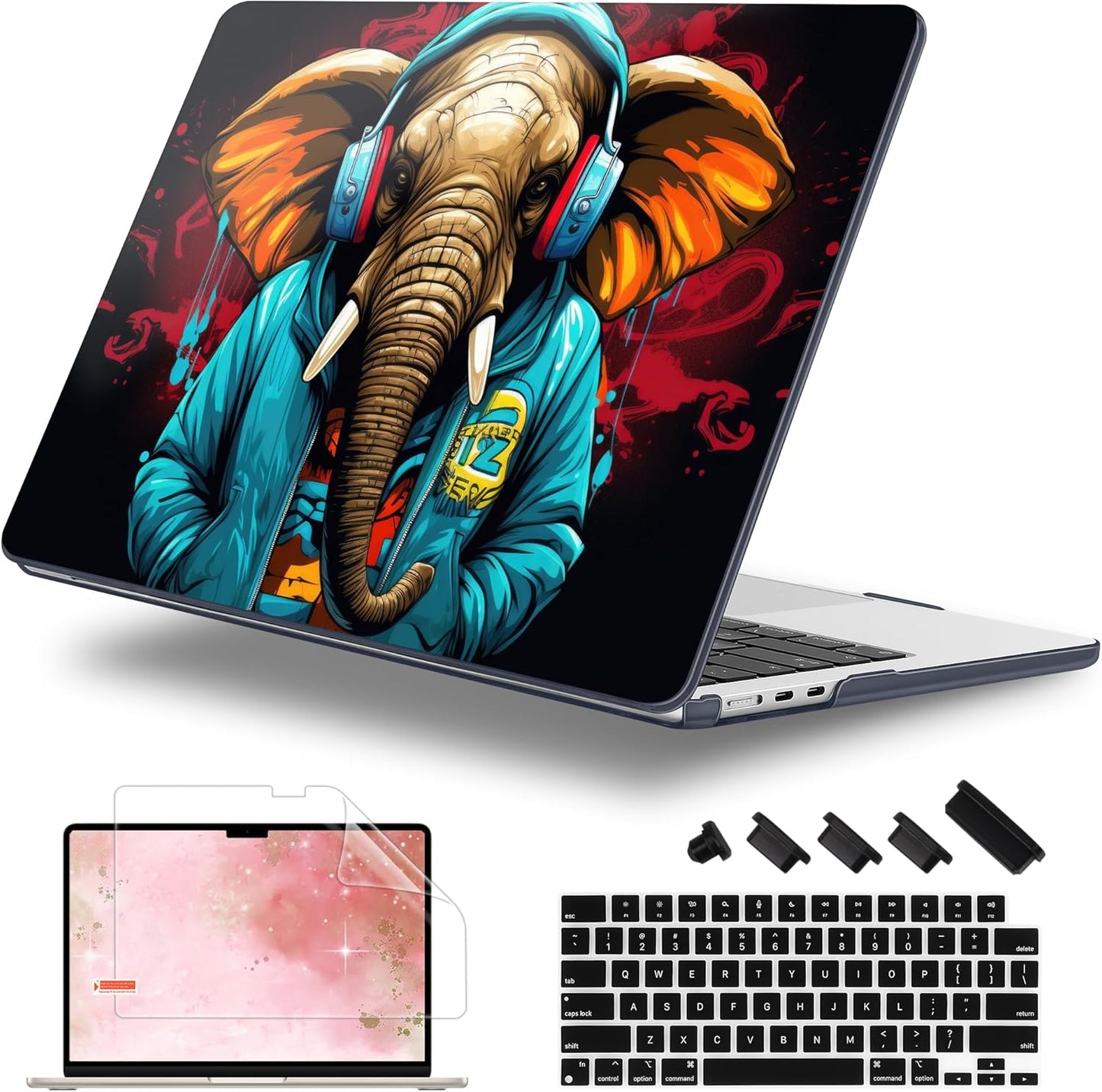 Case for MacBook Air 15 Inch 2025 2024 2023 Release M4 A3241 M3 A3114 M2 A2941, Hard Shell with Screen Protector & Keyboard Cover, Compatible with Touch ID, Elephant Hoodie