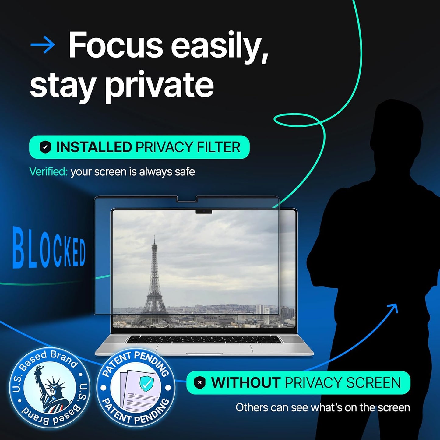 Magnetic Privacy Screen Compatible with MacBook Pro 16" 2021, 2022, 2023, 2024, M1, M2, M3, M4 Anti-Blue Light Laptop Screen Protector Filter Blue Light Blocking Filter