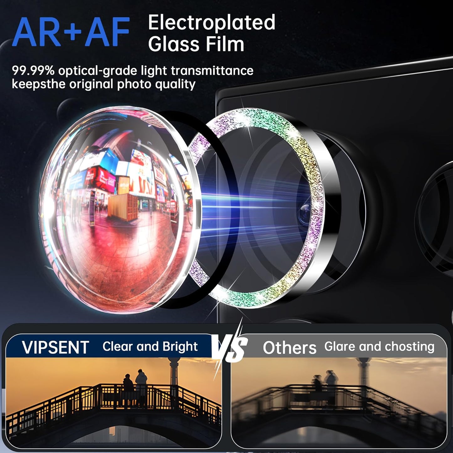 For Samsung Galaxy S24 Ultra Camera Lens Protector, Individual Lens Protector, Ultra HD 9H Tempered Glass Screen Protective Cover, Anti-scratch, Military Grade Drop Protection 2 Set. (Glitter Colorful, S24 Ultra)