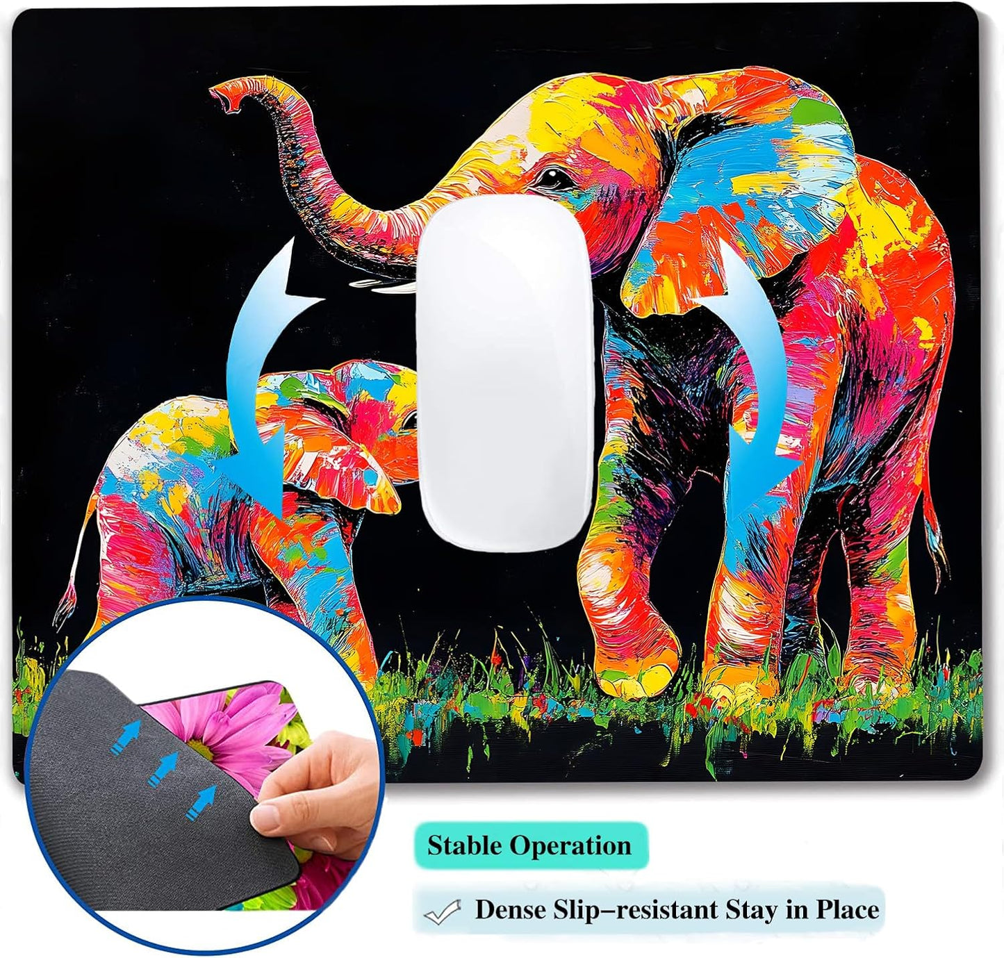 Colorful Animal Elephant Custom Mouse Pad with Non-Slip Rubber, Small Square Design for Wireless Laptop & Computer Mouse Pads for Desk, 9.5 x 7.9 inch Smooth Surface for Gaming & Office