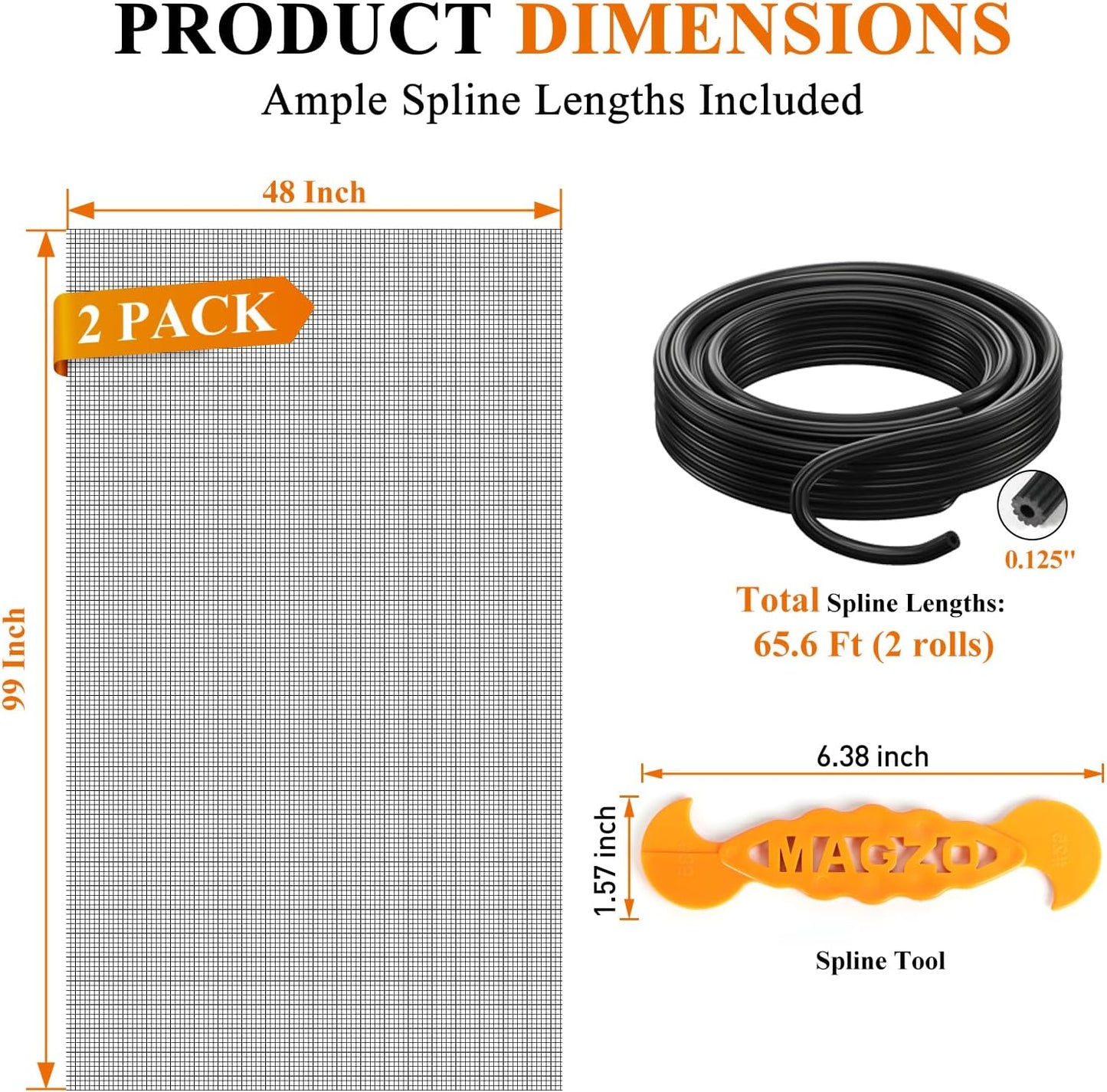 2PACK MAGZO Window&Door Screen Replacement Kit, 48''W x 99''L, with Retainer Spline (Total 65.6 FT) and Press-Fit Roller Tool, Polyester Scratch-Proof, Net Roll Repair for Sliding/House Windows, Black