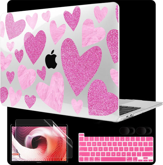 MEEgoodo Case for MacBook Pro 13 inch Case 2022 2021 2020 New A2338 M2/M1 A2251 A2289, Laptop Hard Shell with Keyboard & Camera Cover Compatible with 13 inch MacBook Pro, Glitter Hearts