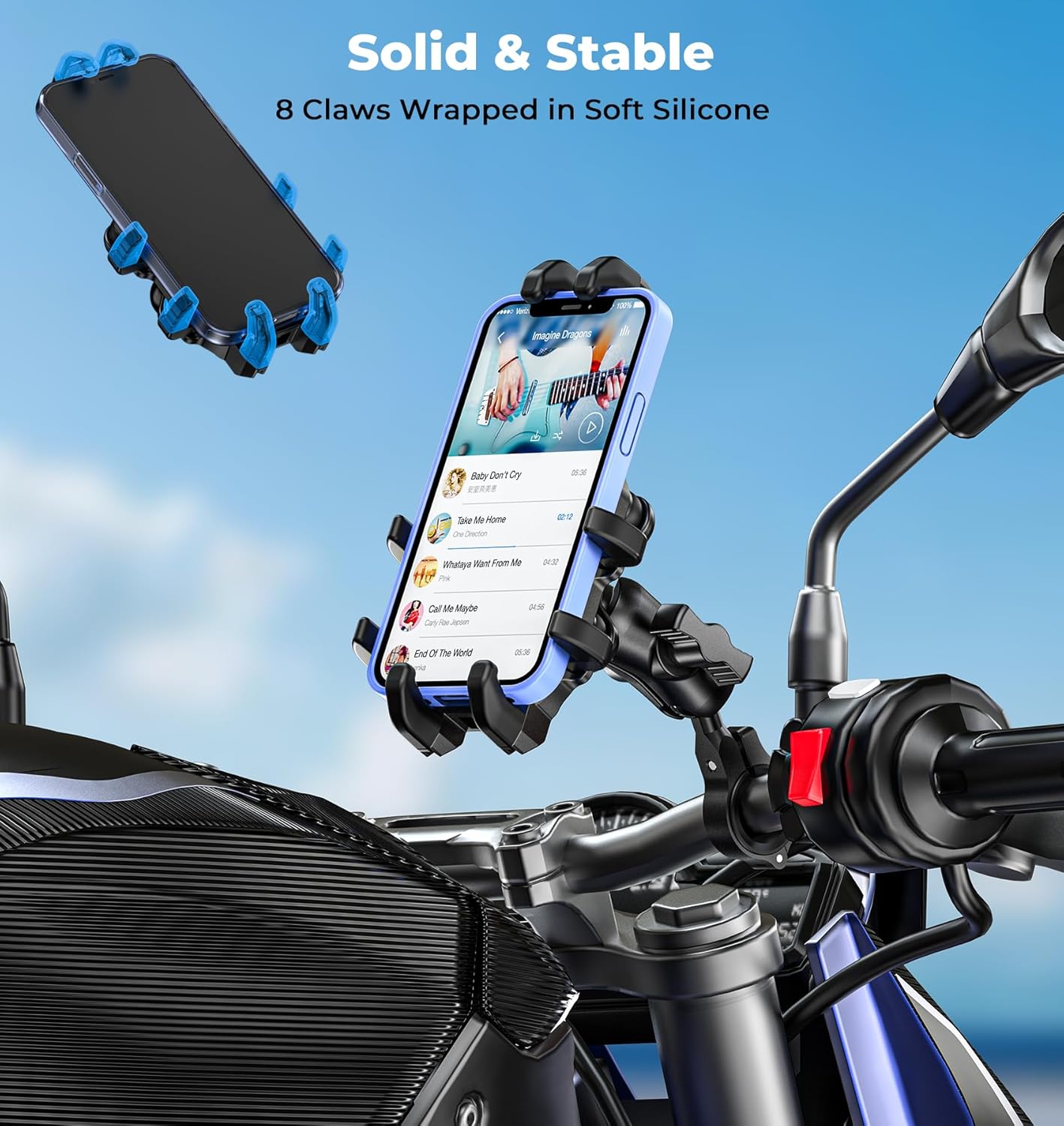 Motorcycle Phone Mount with Vibration Dampener, Anti-Shake Bike Phone Holder with Aluminum Alloy Handlebar Clamp, One-Handed Operation Motorcycle Cellphone Mount Fit for 5.4"-7.2" Smartphone