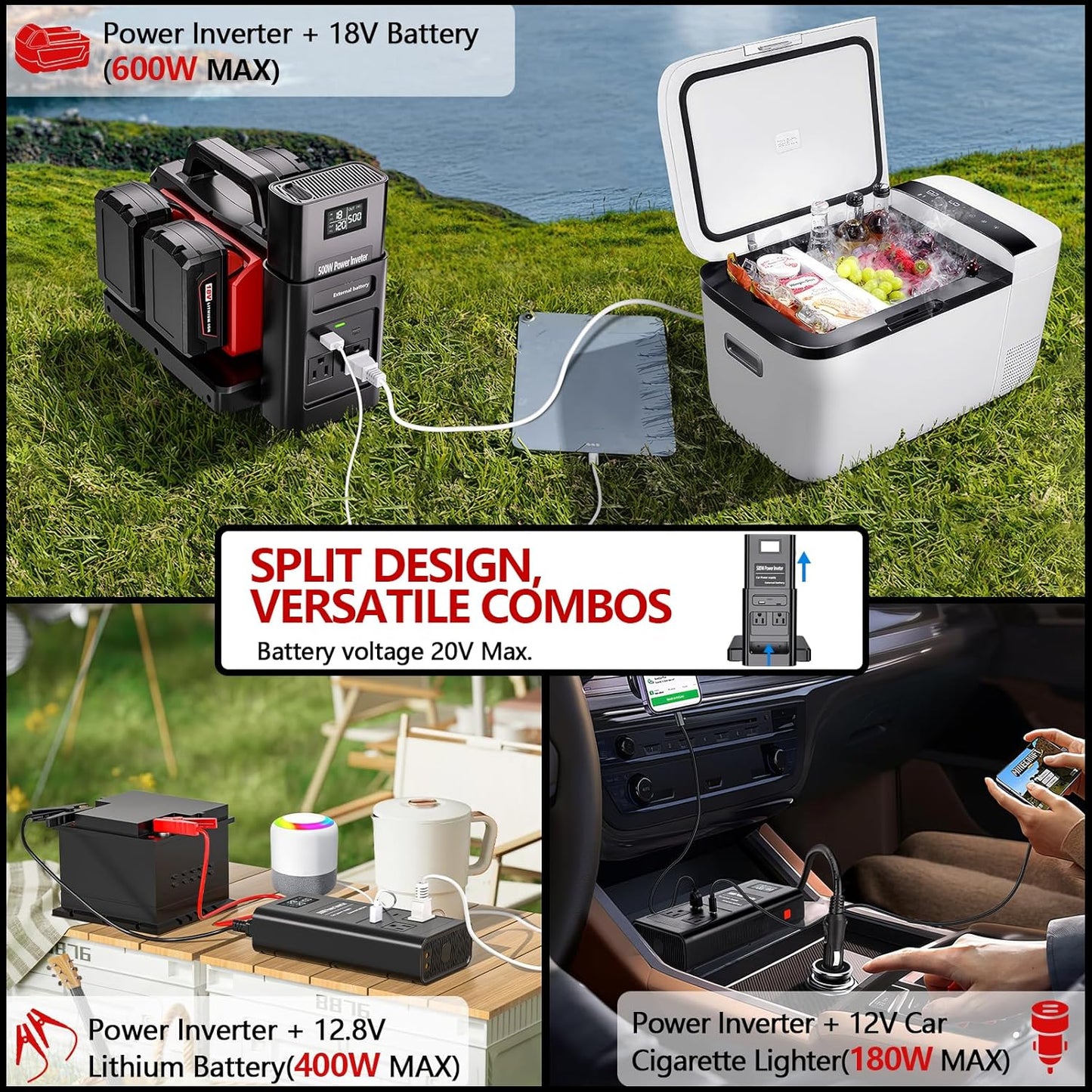 500W Pure Sine Wave Power Inverter for Milwaukee M18 18V Battery, 4-Ports DC 18V to AC(2 Outlets) 120V Car Charger Plug Inverter Adapter Converter for Camping, Emergencies(Tool Only)