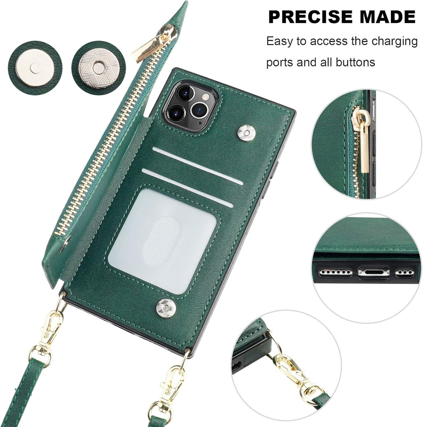 Bocasal Crossbody Wallet Case for iPhone 11 Pro with Card Holder,Zipper Card Slot Protector Shockproof Purse Cover with Removable Cross Body Strap 5.8 Inch(Green)