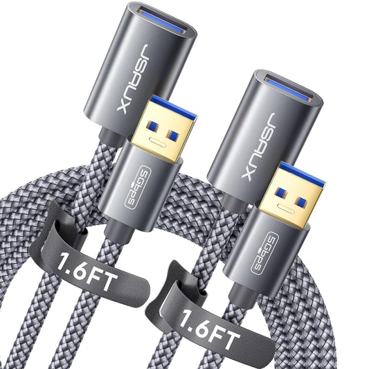 JSAUX 2Pack 1.6FT+1.6FT USB 3.0 Extension Cable, Type A Male to Female USB Extender Cord Nylon Braided Compatible with Webcam, Camera, Phone, USB hub, Mouse, Keyboard, Printer, Hard Drive, Xbox-Grey