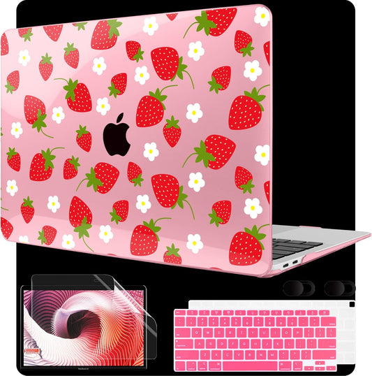 MEEgoodo for MacBook Air 13 inch Case 2021 2020 2019 2018 Released A2337 M1 A2179 A1932 with Touch ID, Plastic Hard Shell & Keyboard Cover Compatible with MacBook Air Case 13.3, Strawberries & Flowers