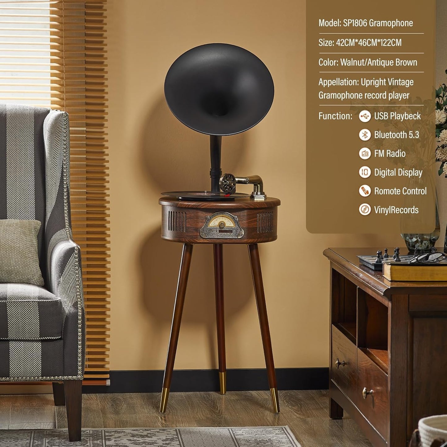 Gramophone Record Player，Italian Style Gramophone Vinyl Record Player with Control/Bluetooth/USB/FM Vintage Record Players Turntables 2 Speed(33/45), Hi-Fi, Classic Tripod Retro Wooden Design