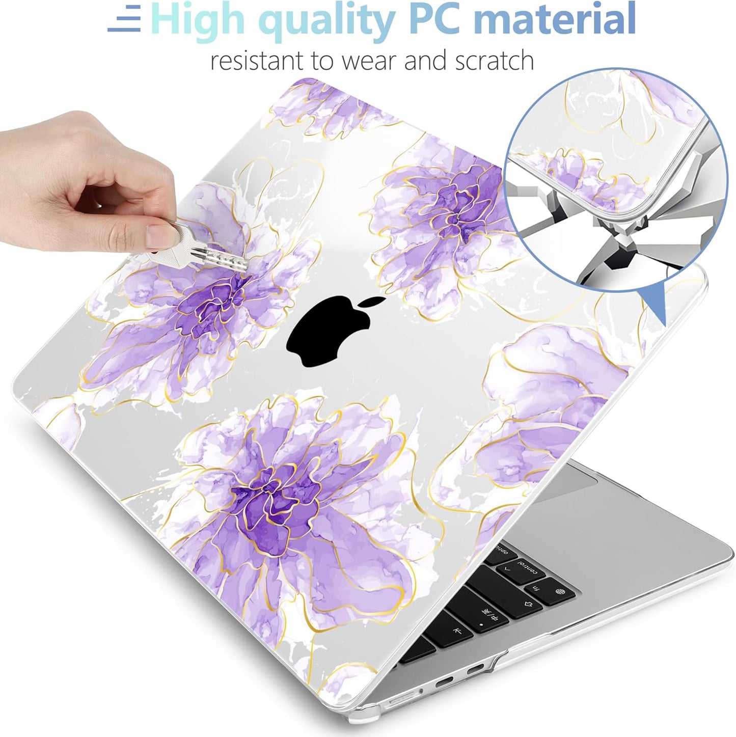 MEEgoodo Case for MacBook Air M4/M3/M2 13.6 inch 2025 2024 2022, Fit Model A3240 A3113 A2681, Compatible with MacBook Air 13 inch, Laptop Hard Shell Case with Keyboard Cover, Purple Ink Flower