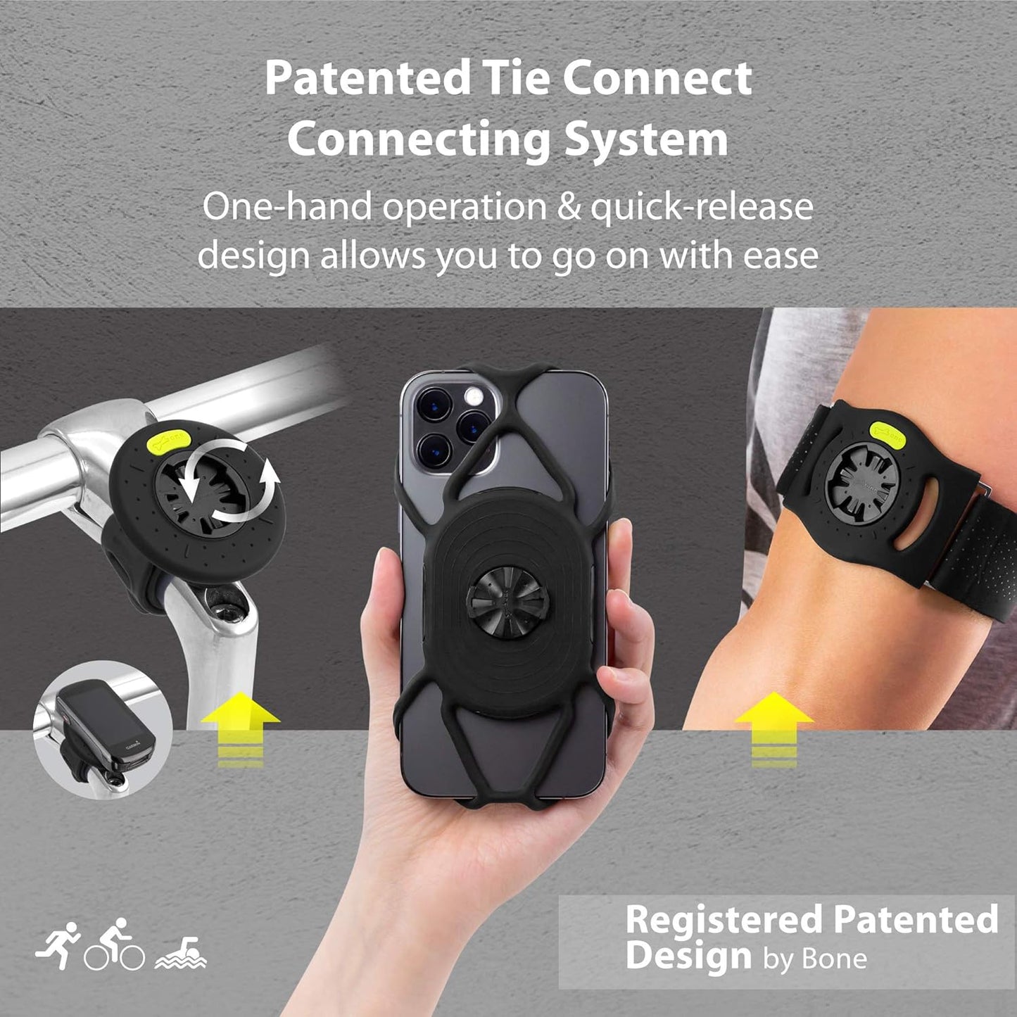 BONE Run + Bike Tie Connect Kit 1, 2-in-1 Running & Bike Phone Holder, Detachable & Rotatable 360° Sport Armband & Phone Mount Compatible with Most Smartphones (Stem/Armband 2-in-1 Connection Kit)