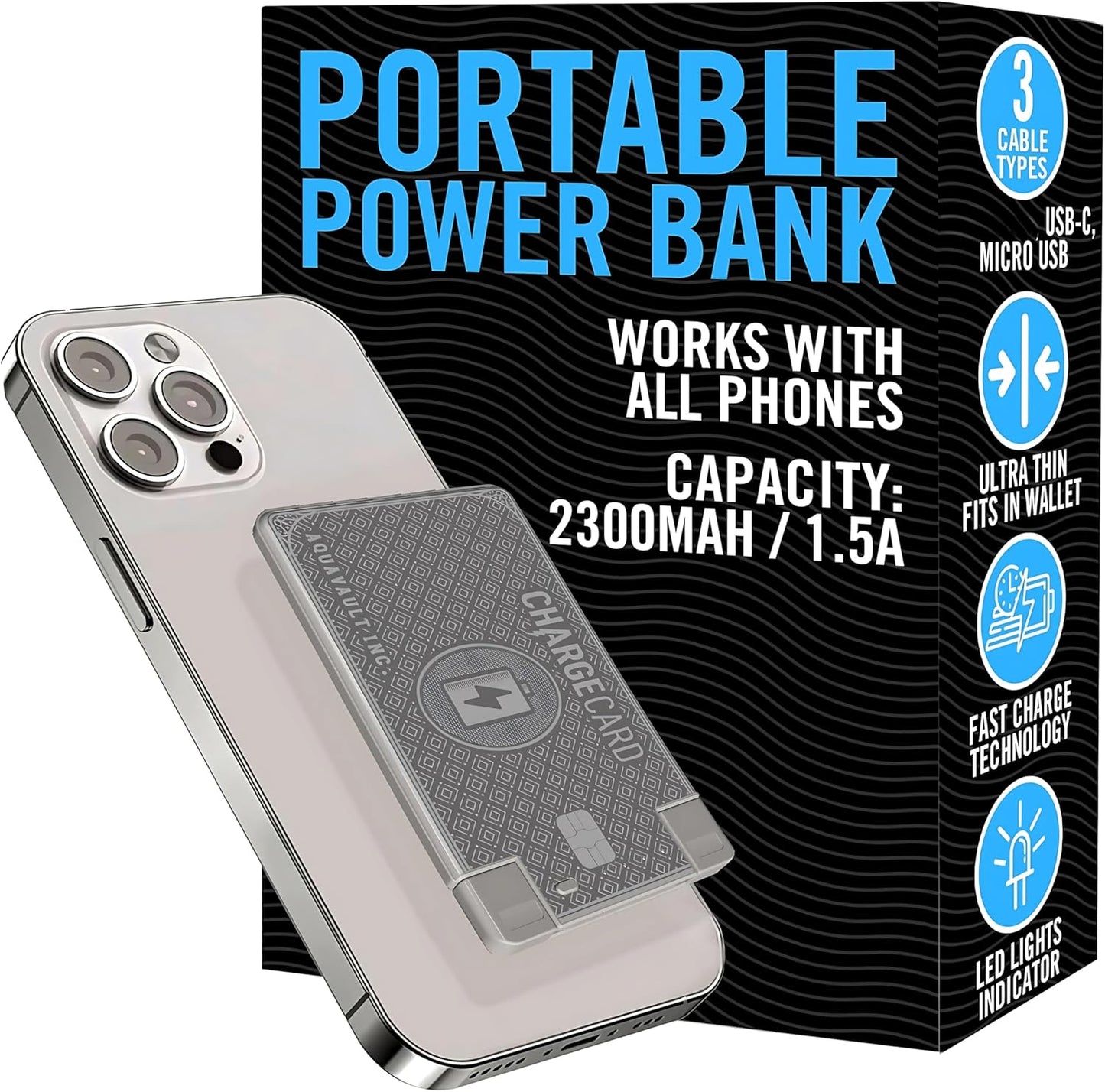 AquaVault ChargeCard – Ultra Slim Emergency Power Bank (2300mAh) – Fits in Wallet – USB-C & Micro-USB – Durable Steel Body – Flight-Safe Pocket Charger for iPhone 16/15/14/13/12, Android - (Platinum)